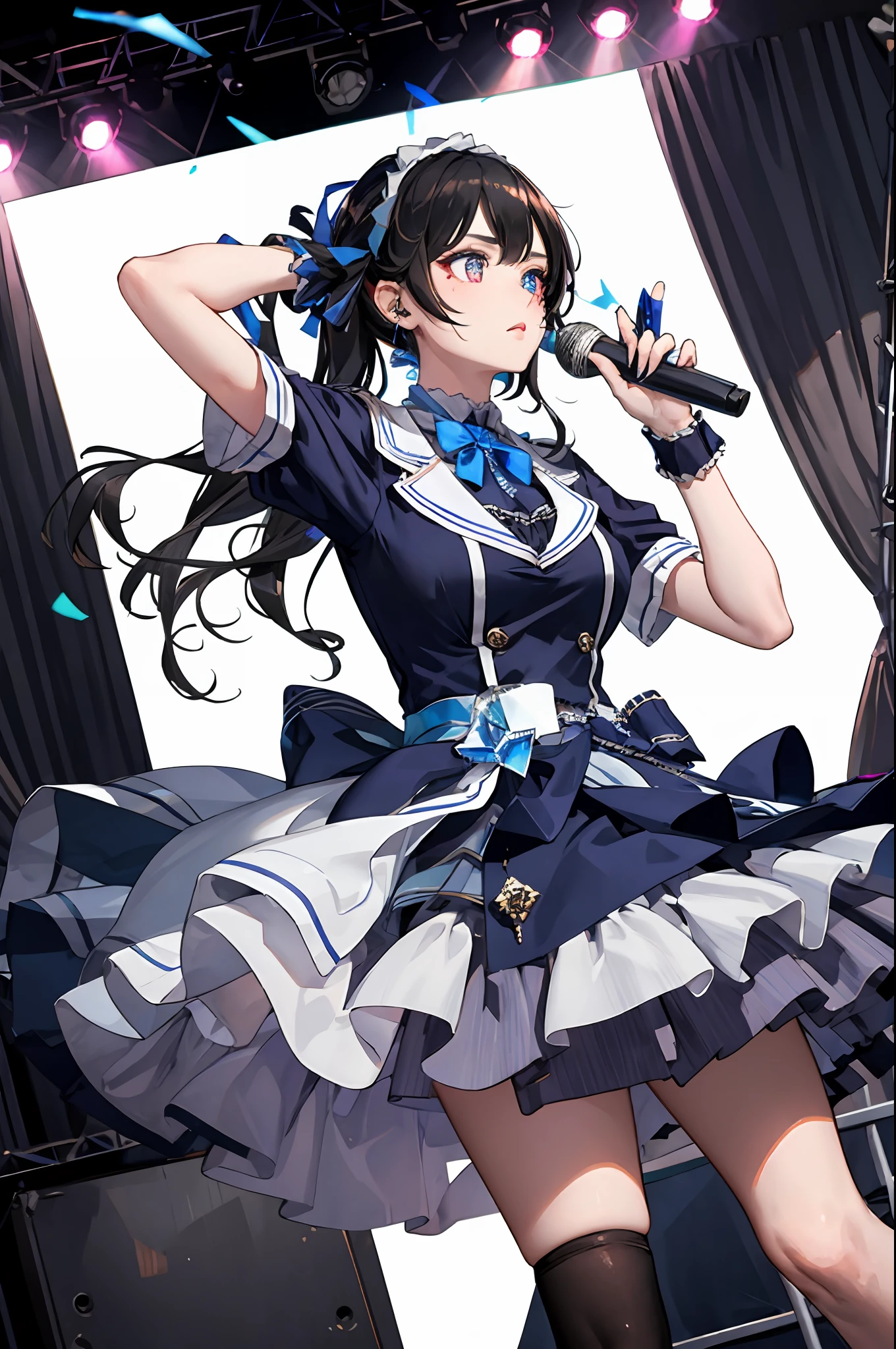 A dark-haired，length hair，Blue streamer pupils，Lolita，crystal，stage，mike，musical note