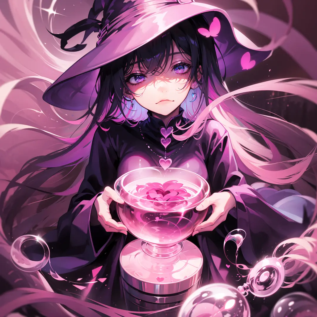a rainbow witch concocting a love potion in a pink cauldron, dynamic, crazy colors