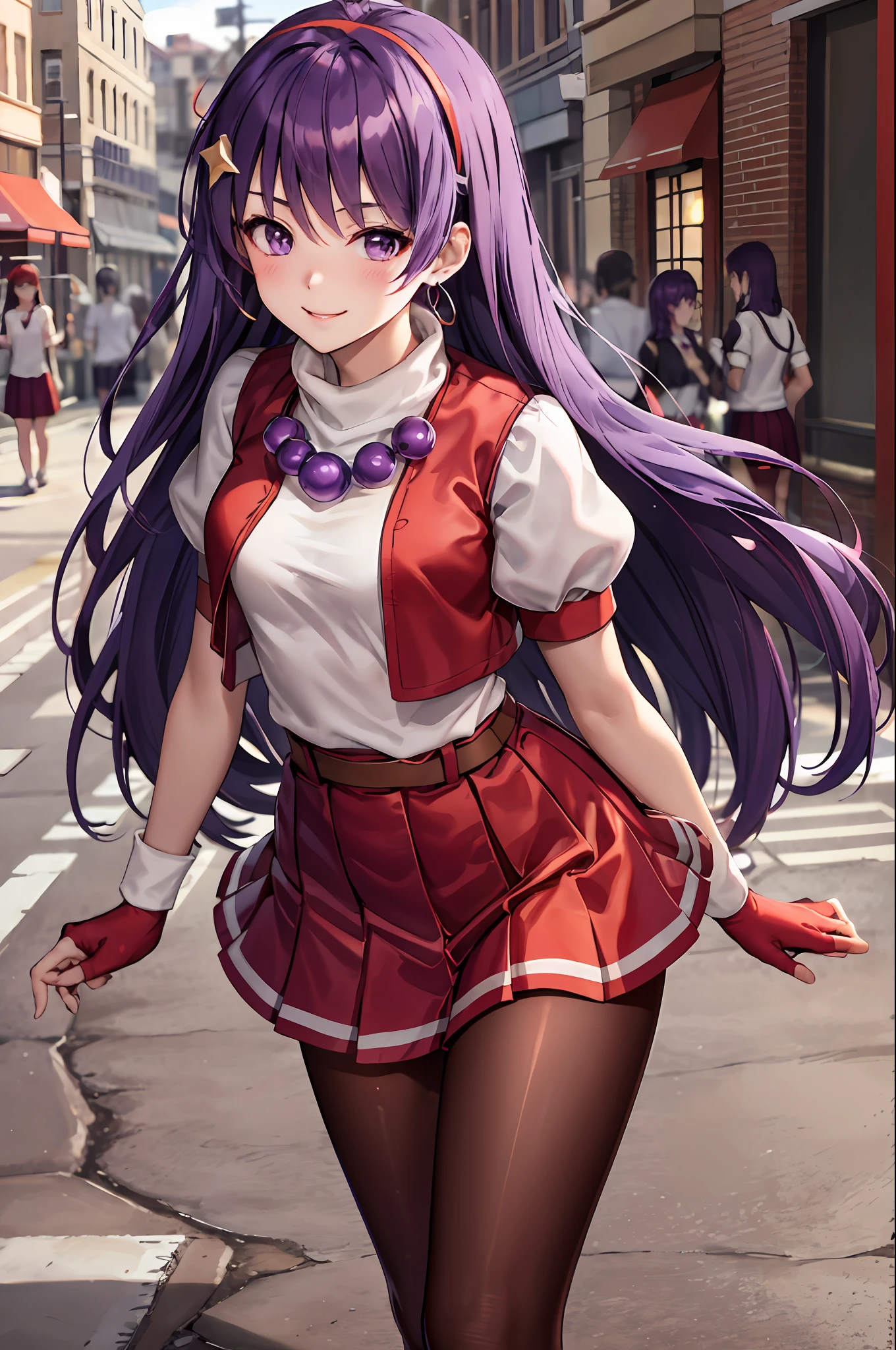 (masterpiece), (best quality), (ultra-detailed), intricate detail, athena97, 1girl, solo, purple eyes, purple hair, long hair, white earrings, red hairband, star hair ornament, medium breats, red vest, white turtleneck, white puffy sleeves, short sleeves, red pleated skirt, (deep red pantyhose:1.2), black pantyhose, yellow belt, purple sphere shape necklace, red fingerless gloves, white short socks, red shoes,   (outdoors), photography, smile, blush, sunny, nsfw, cowboy shot, blurry background, street background,