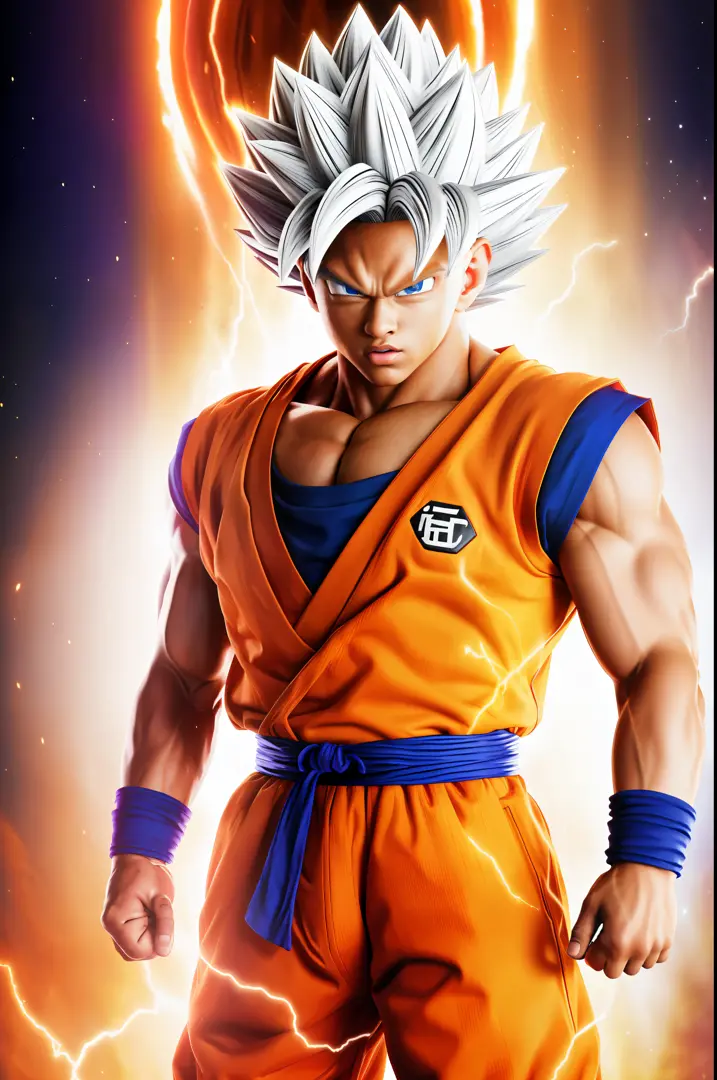 best quality, masterpiece, (realistic: 1.2), Close, Brown skin tone, son_goku, super_saiyan_ultra_instinct, white_eyes, Color_au...