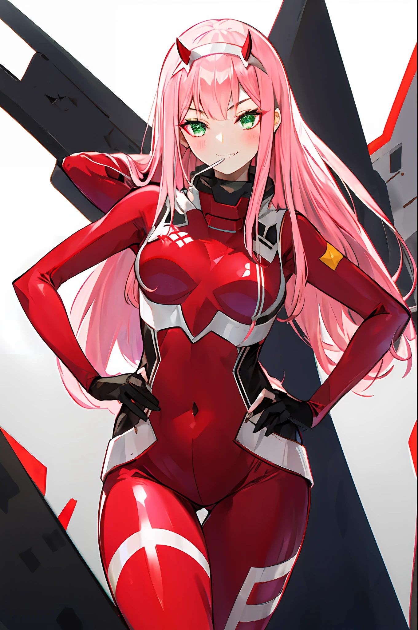 cero dos \(cariño en el franxx\), cariño en el franxx, 1 chica, Golpes, mordiendo, rubor, ombligo cubierto, sombra, ojos verdes, pelo detrás de la cabeza, mano en la cadera, cuernos, sonrisa, pelo largo, mirando al espectador, constituir, pechos medianos, traje de piloto, traje rojo, Cabello rosado, red sombra, ciencia ficción, piel apretada, solo