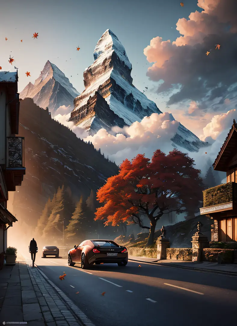 art by greg rutkowski and artgerm, luxurious, wood, falling leaves, intricate, highly detailed evening cityscape of Matterhorn, cars, clockwork, slow motion, from behind, concept art illustration, thick volumetric clouds,