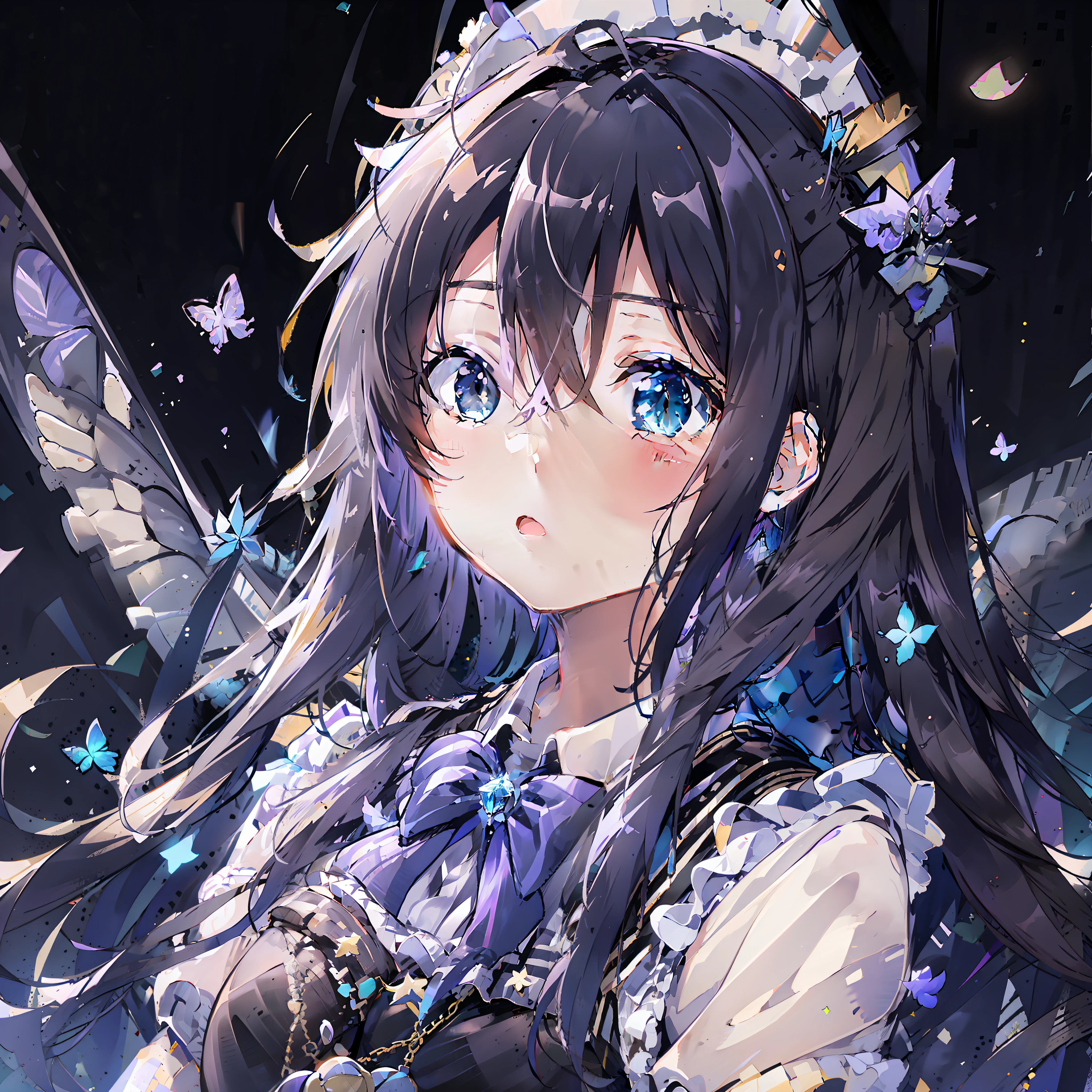 Kizi，length hair，black-hair，Blue pupil，Eye streamers，crystal，academy，Lolita，Unmanned stage，starrysky，Purple butterfly