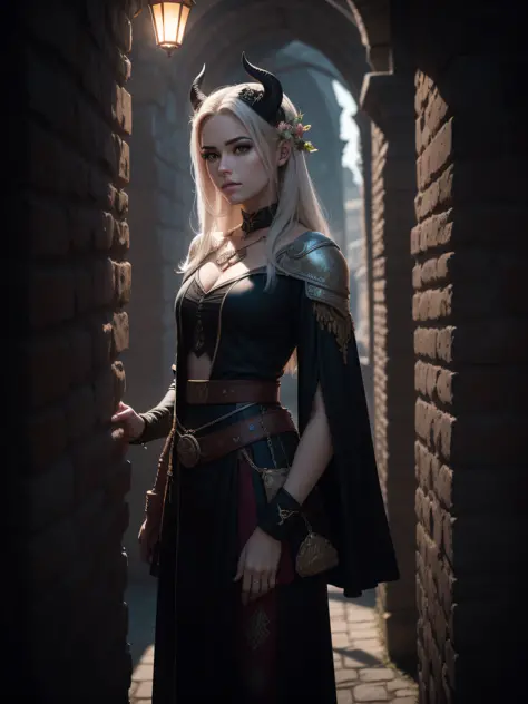 Personagem de RPG, pele rosada. mulher ladina. Ladina tiefling standing in the middle of a medieval city. Manto preto. capa pret...