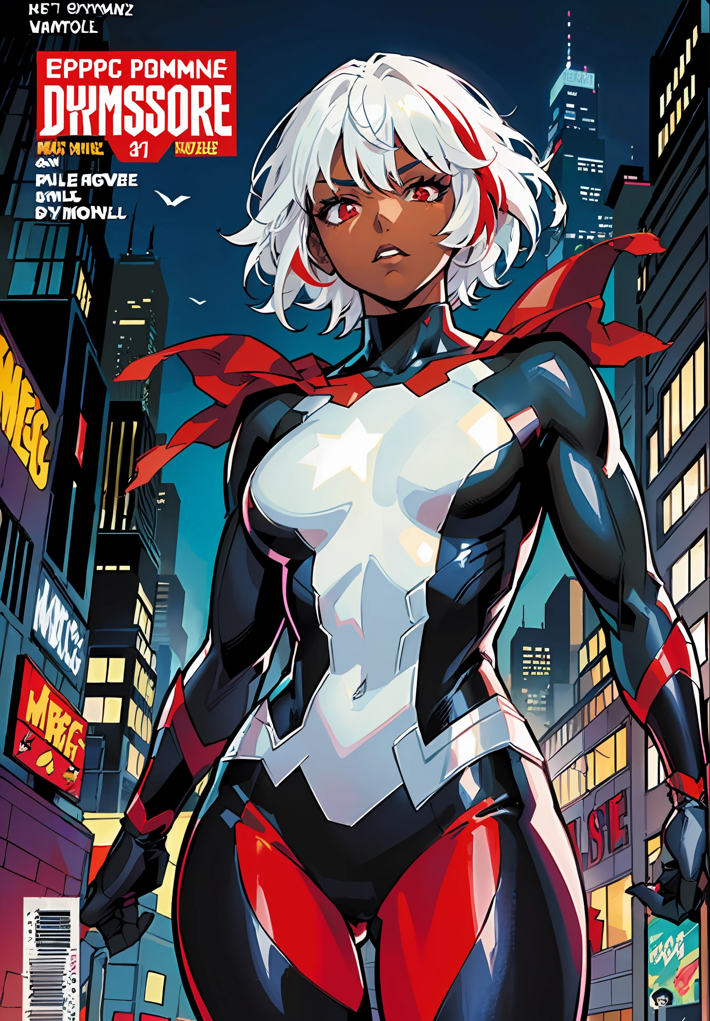 ((epic pose)), ((dynamicpose)), 1girl, ((Movie poster)), (((black skin))), (((dark skin)))), (((white colored hair|red hair))), ((multicolour hair)), ((Short hair)), (((red eyes)))(superhero suit), night time, City, neon light, the wind, ((magazine cover)), ((comic cover)), ((manga cover)), big text, big title, many inscriptions, lettering