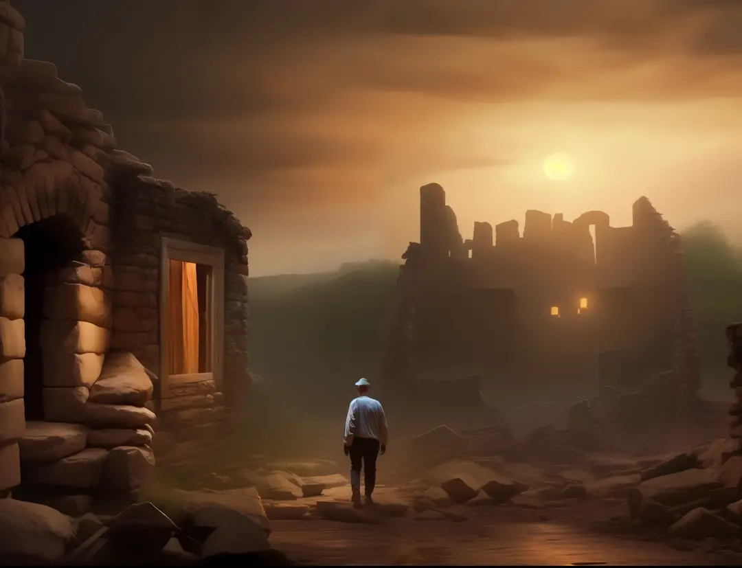 elderly man exploring the ruins of a medieval village, noite escura e sombria, dark,  surrealism, 8k, super detail, fantasy