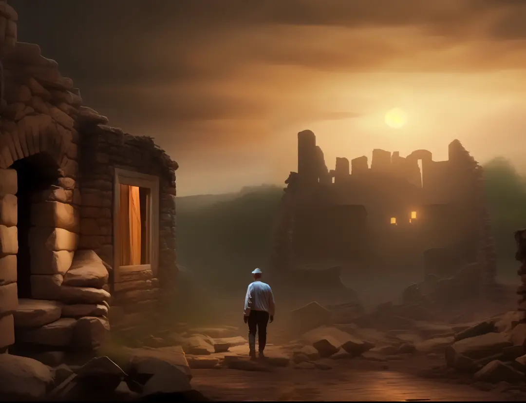 elderly man exploring the ruins of a medieval village, noite escura e sombria, dark,  surrealism, 8k, super detail, fantasy