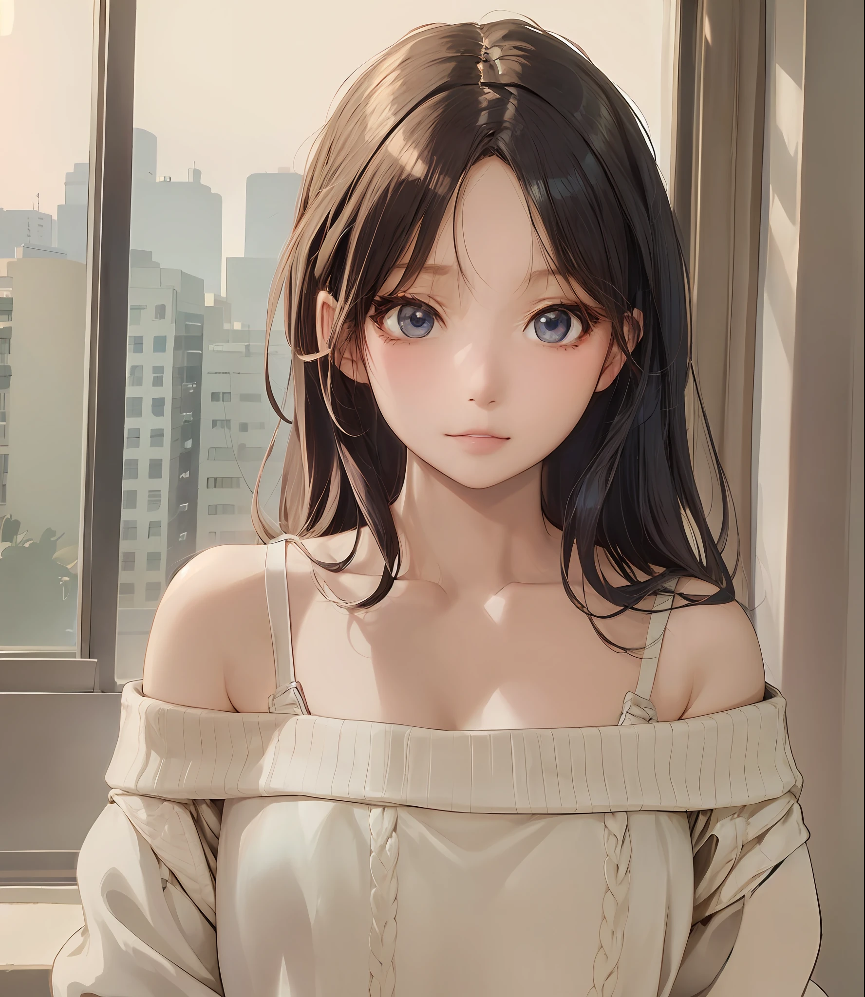 anime girl with long hair and a sweater looking out a window, beautiful anime girl, ilya kuvshinov. 4 k, portrait anime girl, attractive anime girl, anime style 4 k, beautiful anime portrait, beautiful anime woman, anime style. 8k, anime girl, ilya kuvshinov with long hair, seductive anime girl