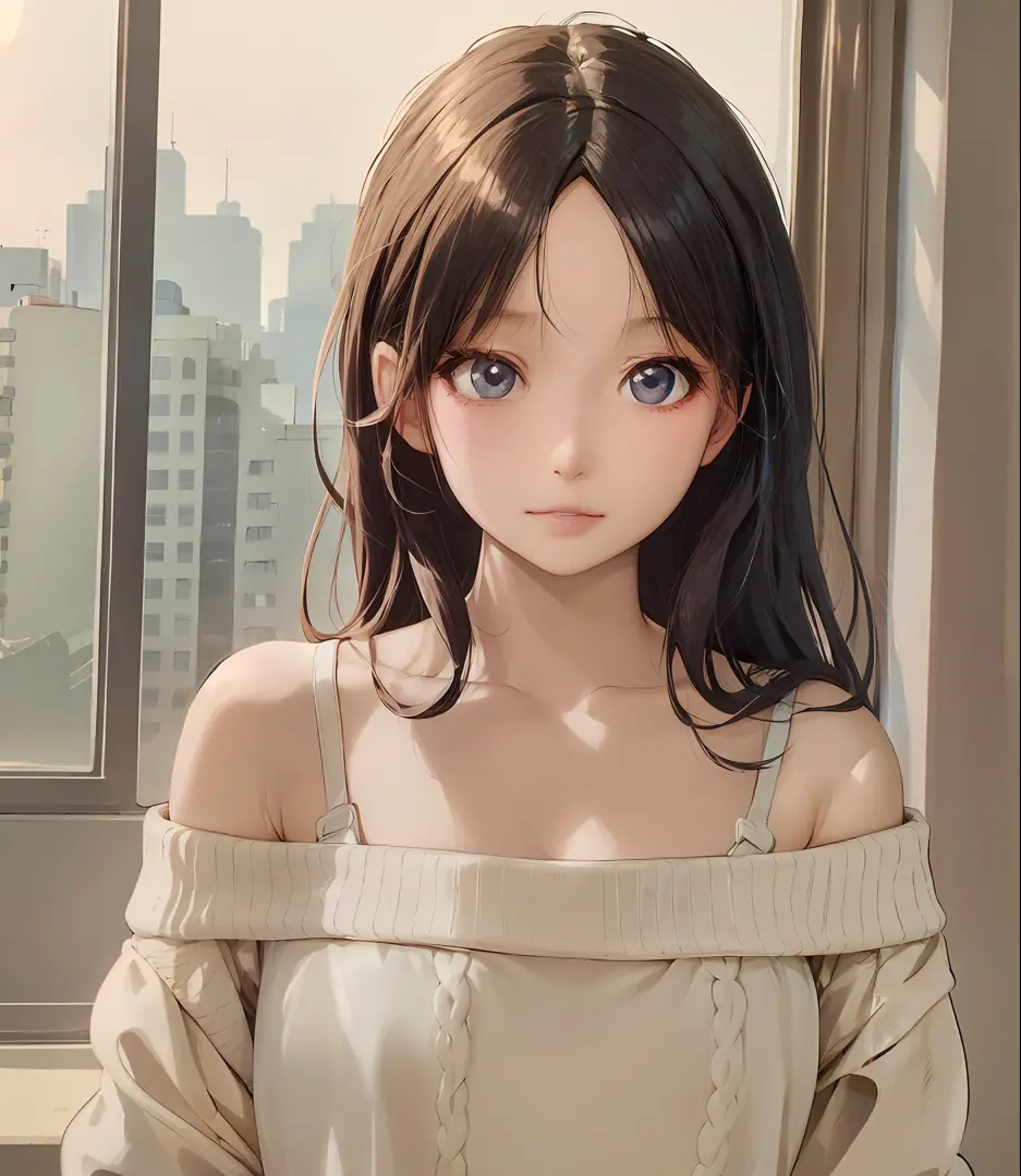 anime girl with long hair and a sweater looking out a window, beautiful anime girl, ilya kuvshinov. 4 k, portrait anime girl, at...