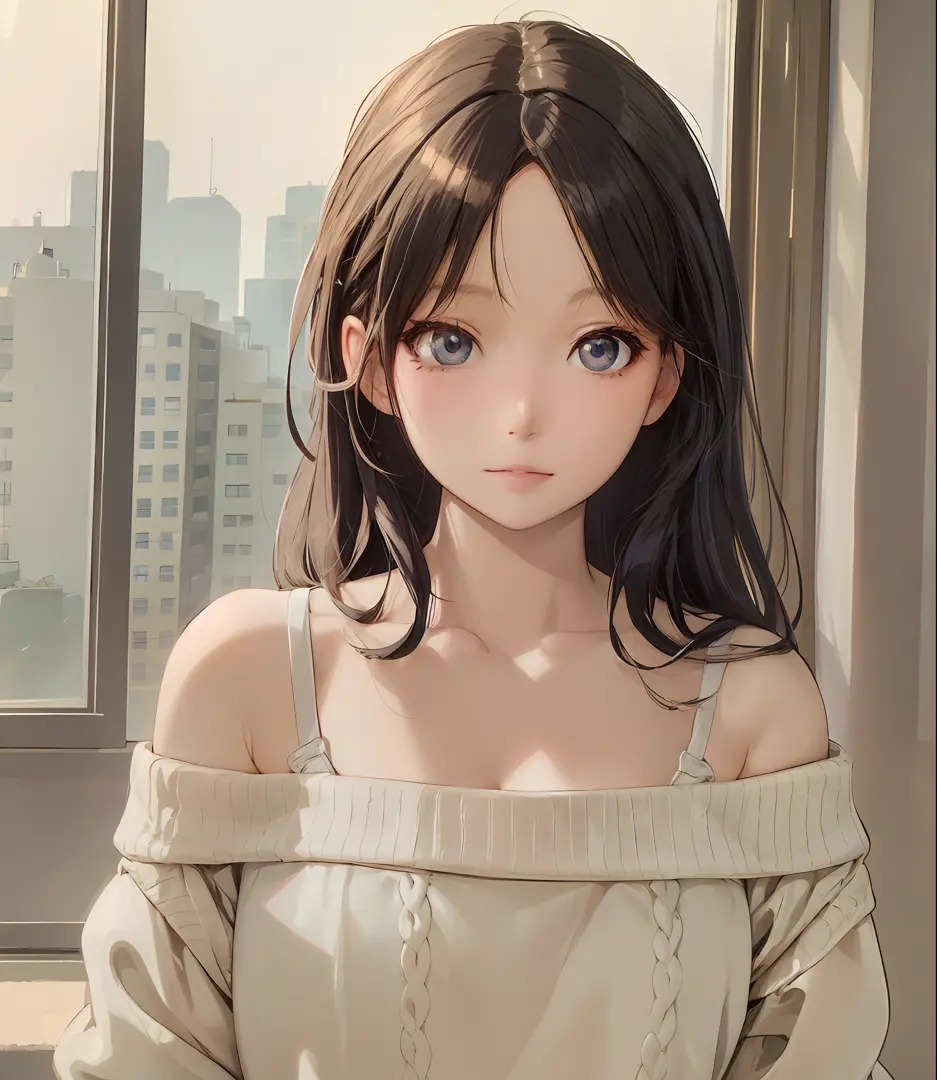 anime girl with long hair and a sweater looking out a window, beautiful anime girl, ilya kuvshinov. 4 k, portrait anime girl, at...