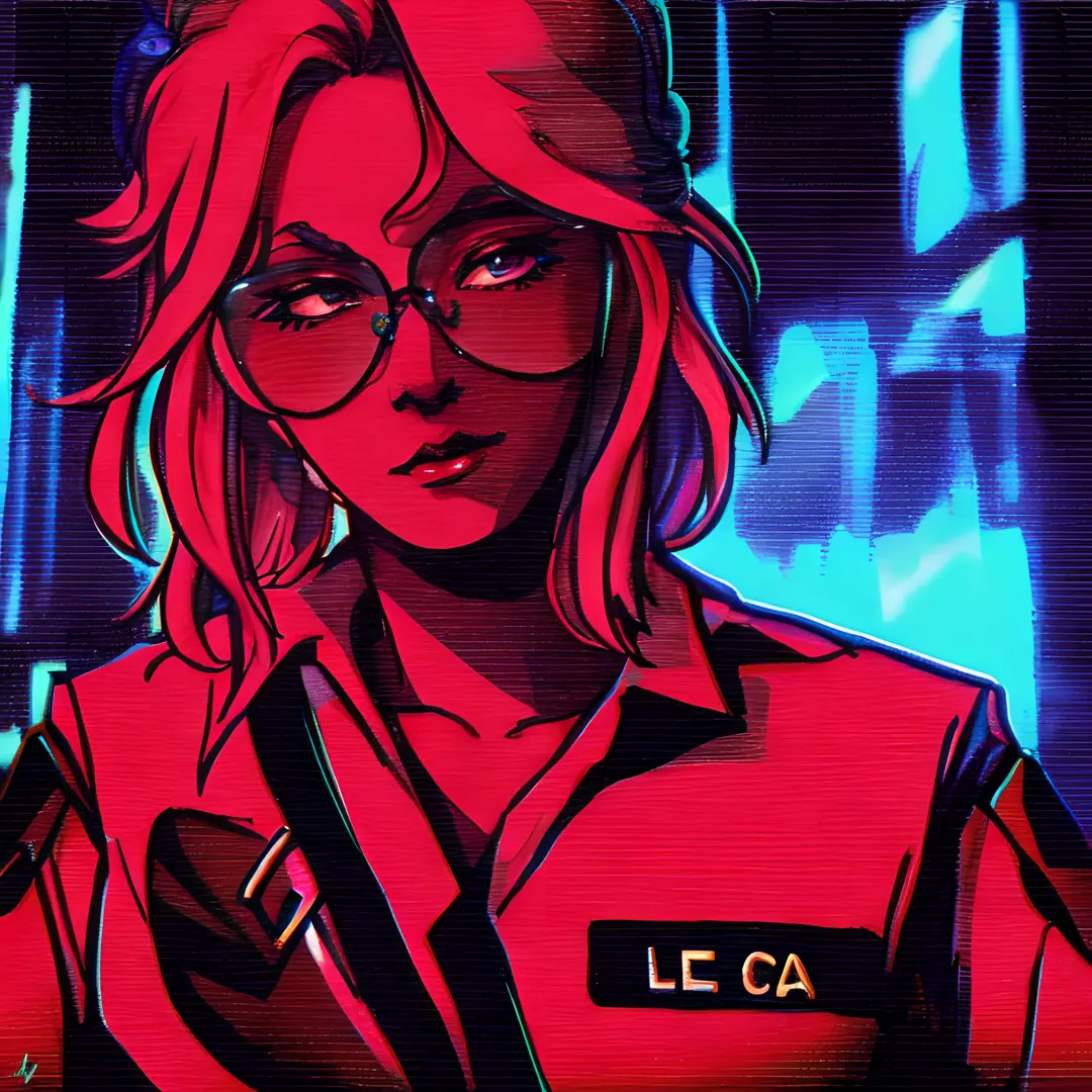 a close up of a woman with glasses and a red shirt, [ estilo de arte synthwave ]!! ]!!, operadora de neon margot robbie, [ estil...