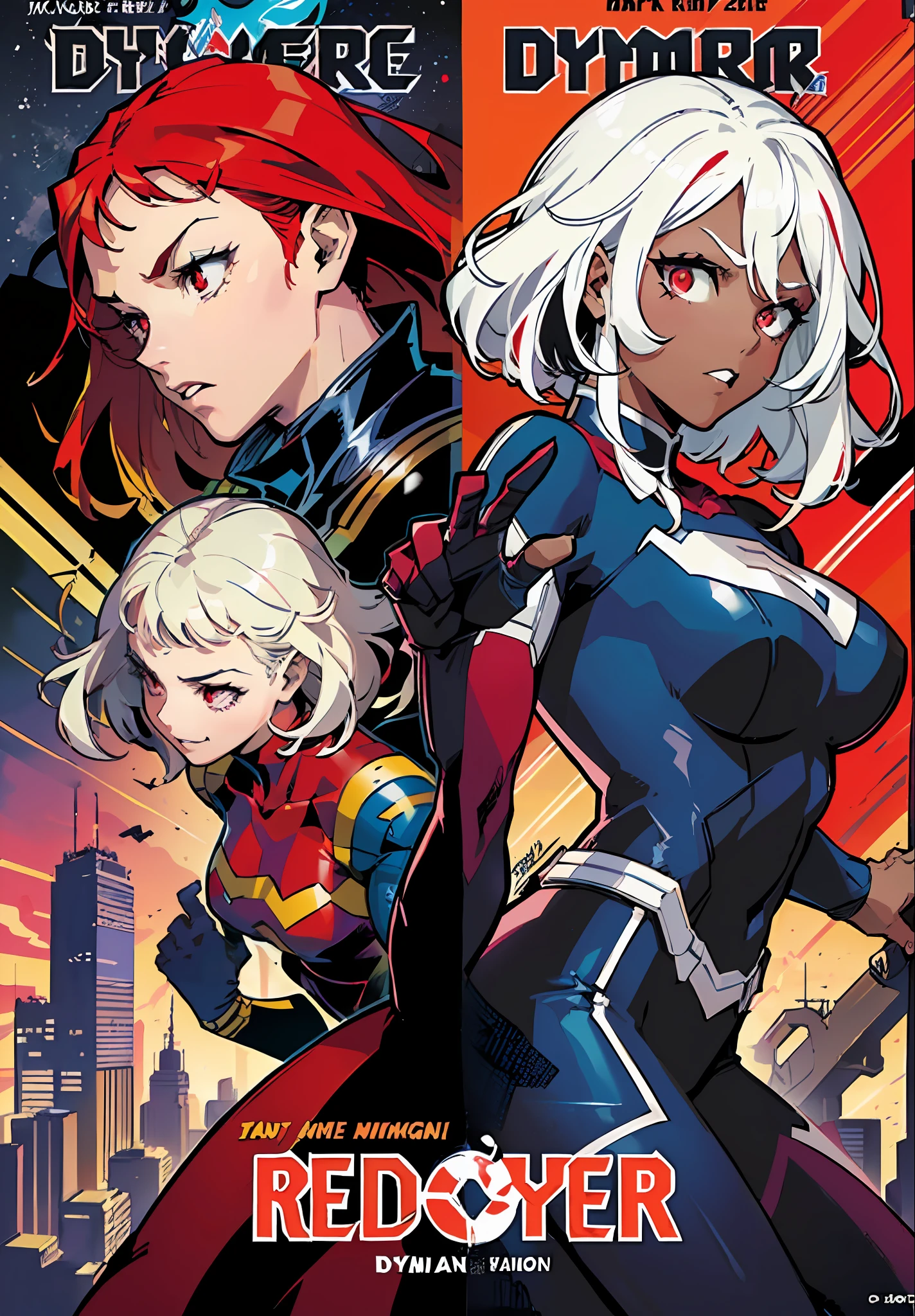 ((epic pose)), ((dynamicpose)), 1girl, ((Movie poster)), (((black skin))), (((dark skin)))), (((white colored hair|red hair))), ((multicolour hair)), ((Short hair)), (((red eyes)))(superhero suit), night time, City, neon light, the wind, ((magazine cover)), ((comic cover)), ((manga cover)), big text, big title, many inscriptions, lettering