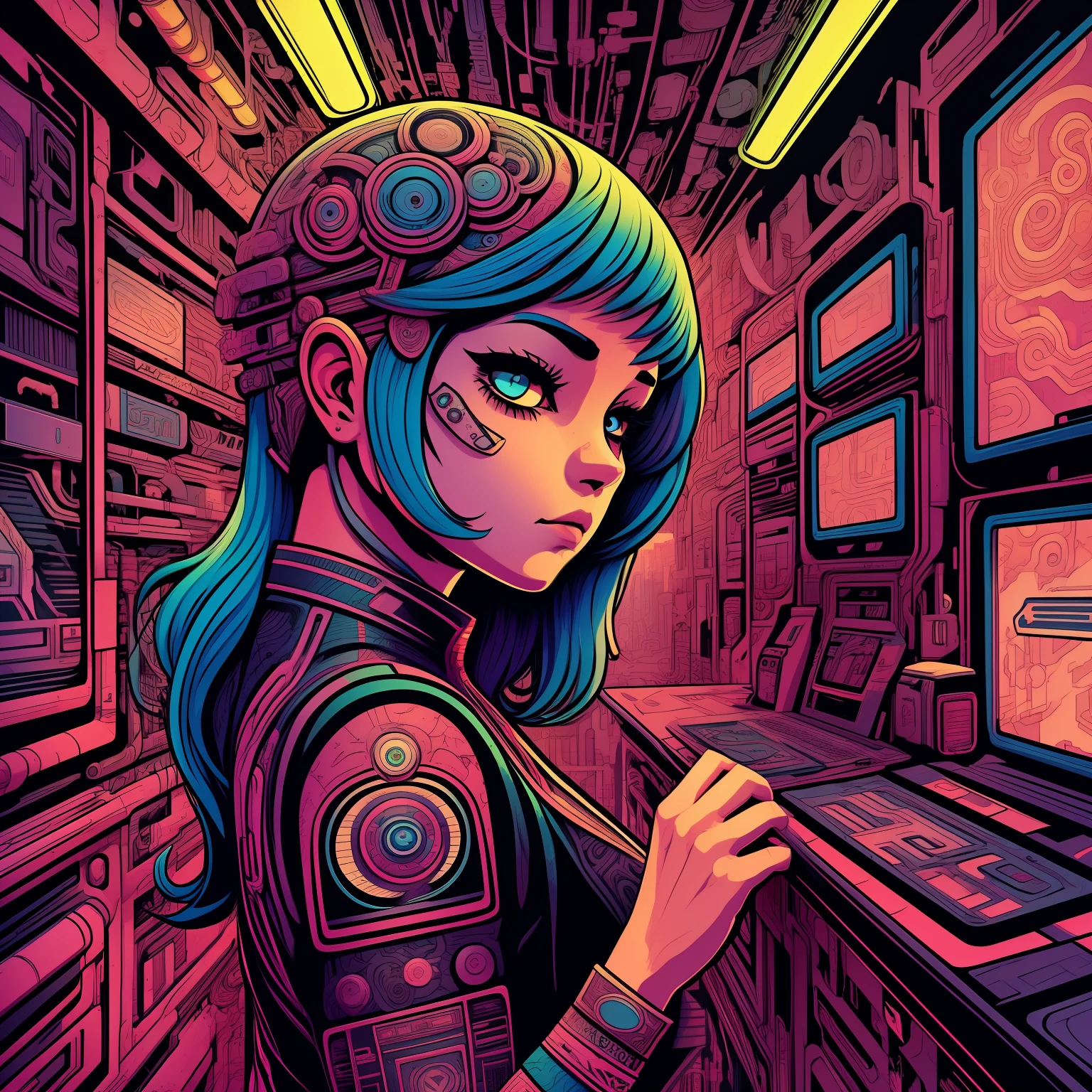 SAD GIRL ilustration, extremely bold outline, flash,  tribal, hacking culture cyberpunk background, whimsical and creativity, vibrant color, acrylic illustration, pixiv, 12K, very best quality, hyper detailed, +4 different characters but the same styling,