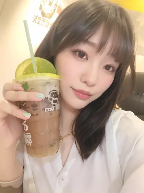 there is a woman holding a cup of coffee and a drink, drink boba tea, holding a boba milky oolong tea, colored milk tea, xintong...