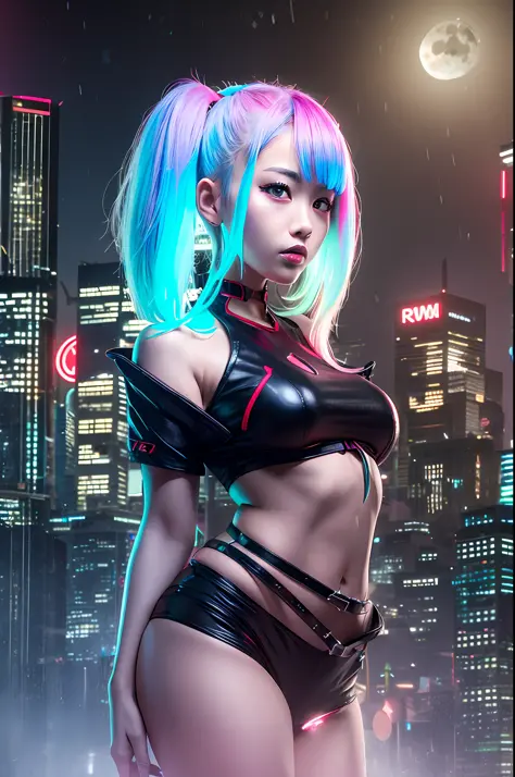 lucy (cyberpunk), 1 japanese girl, hair tightening, hime cut, silver hair, colored tips, full moon, gray eyes, jacket, short sle...