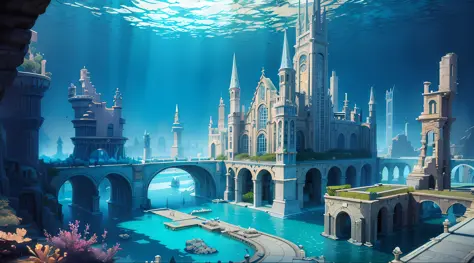 there is a castle in the middle of a body of water, an underwater city, underwater city, atlantis city, city of atlantis, the ci...