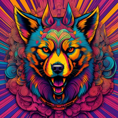 psyco dog, with explosion of colors in the background art line art for shirt