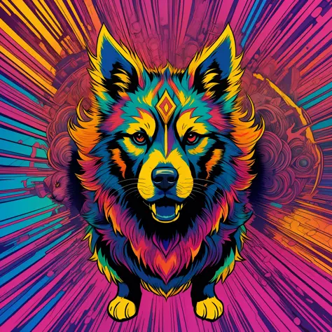 psyco dog, with explosion of colors in the background art line art for shirt