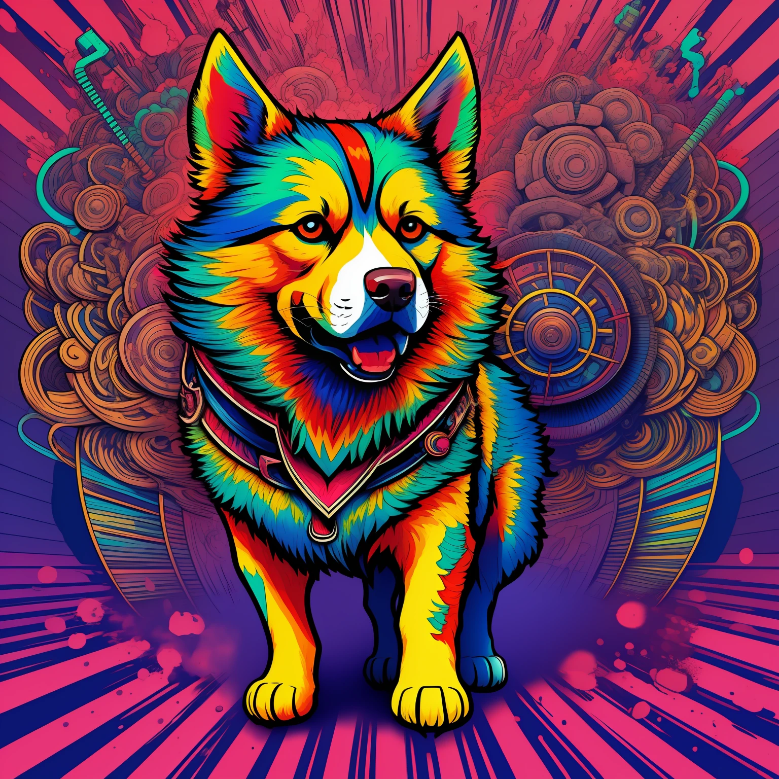 PSYCO DOG, with explosion of colors in the background art line art for shirt