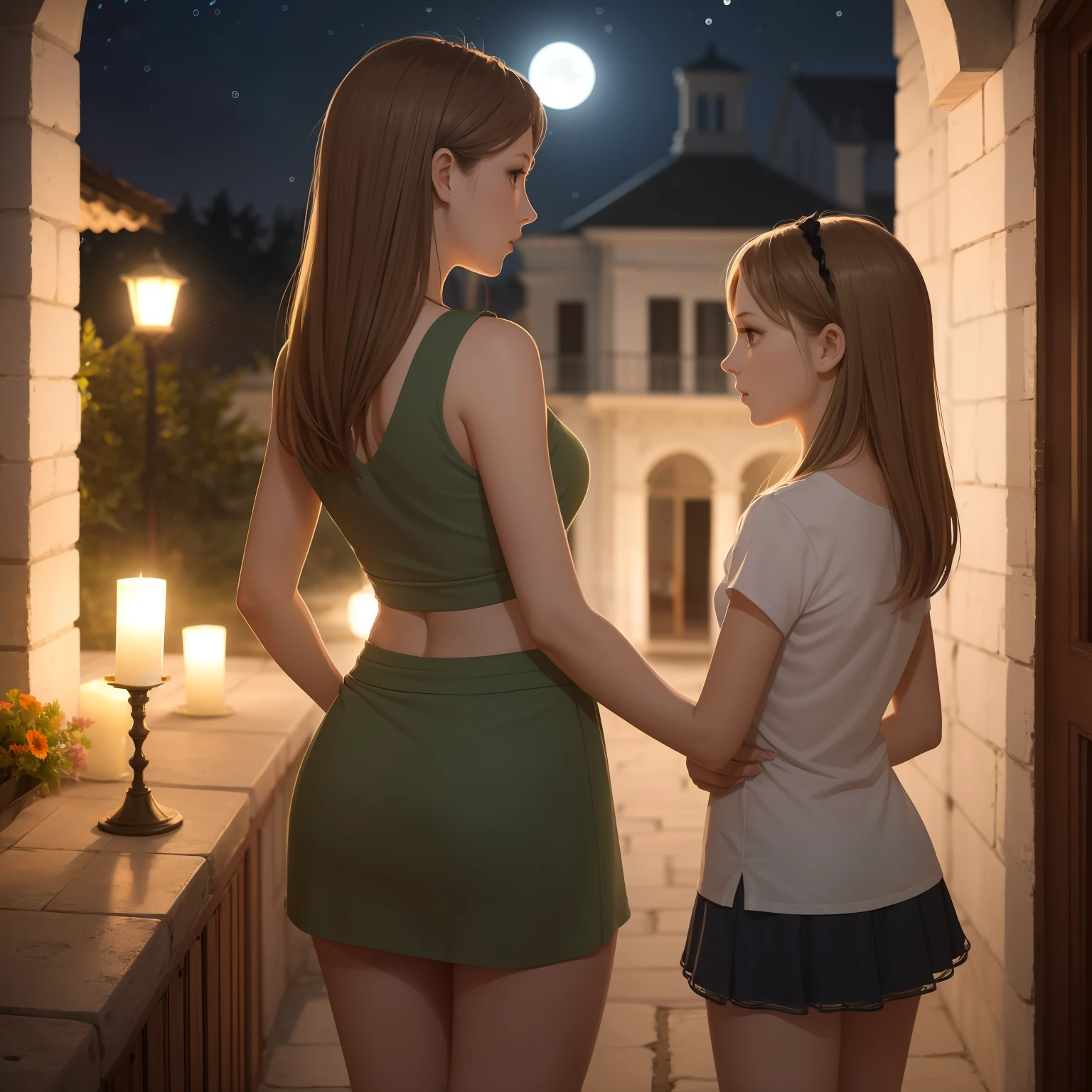 full figure sexy full figure  skinny mom 33 years old  woman whit 13 years old daughter at a  inside a palladian villa, wearing very short miniskirt, micro top, light brown hair and dark green eyes
. cinematic, moonlight, night,