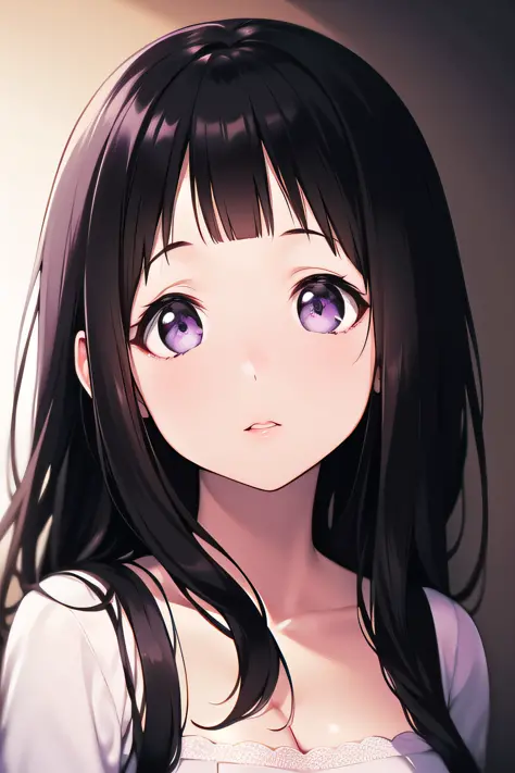 (a superb exquisite chitanda eru), purple eyes, black hair, natural straight hair, straight bangs, solo, atelier, ((cloth shop))...