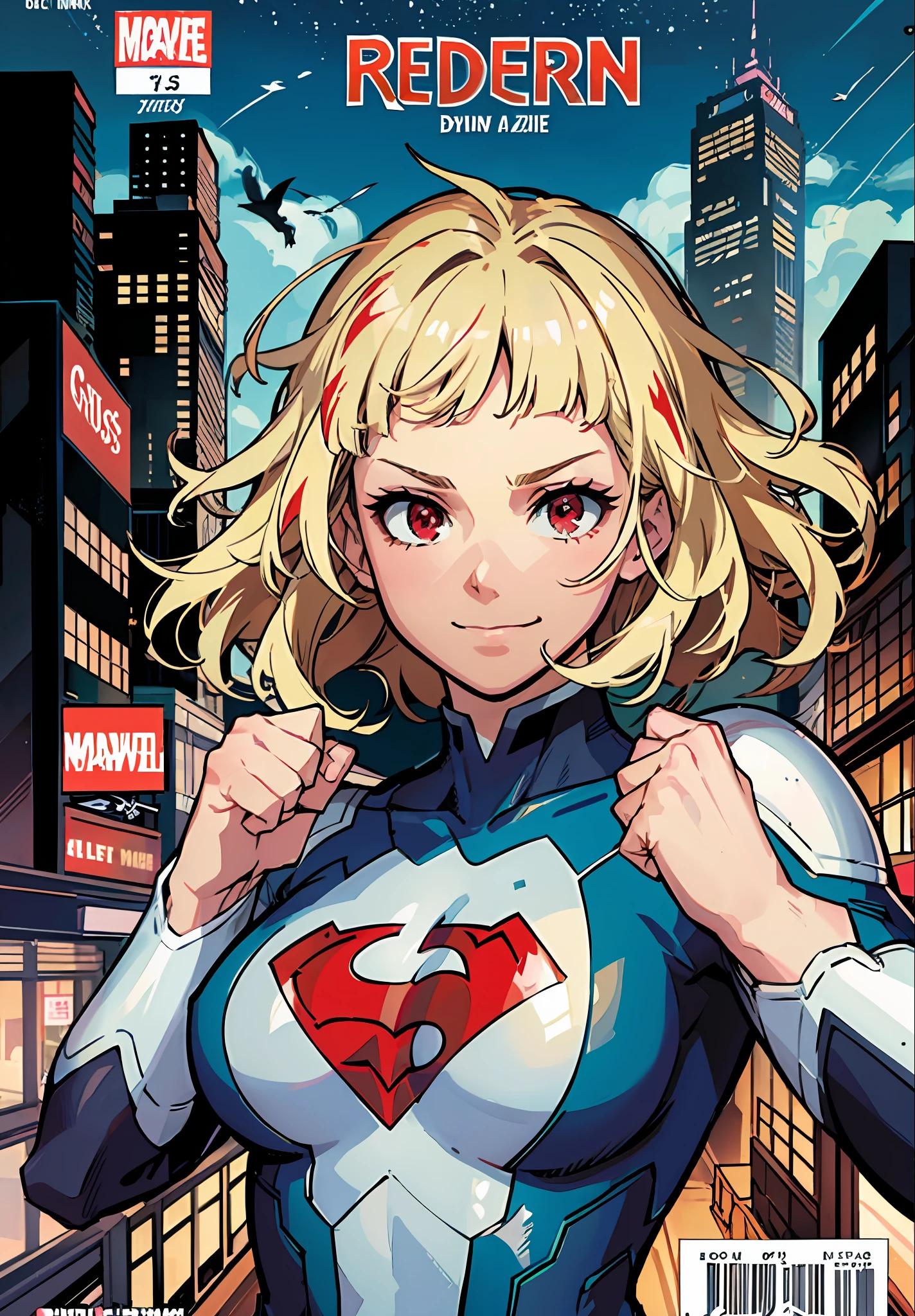 ((epic pose)), (fists), (Punch), (canny smile), ((dynamicpose)), 1girl, ((Movie poster)), ((platinum blonde)), (wavy hair), (messy hair), (((((short bangs))))), ((Short hair)), (((red eyes))), (blue costume), (superhero suit), night time, City, neon light, the wind, ((magazine cover)), ((comic cover)), ((manga cover)), big text, big title, many inscriptions, lettering