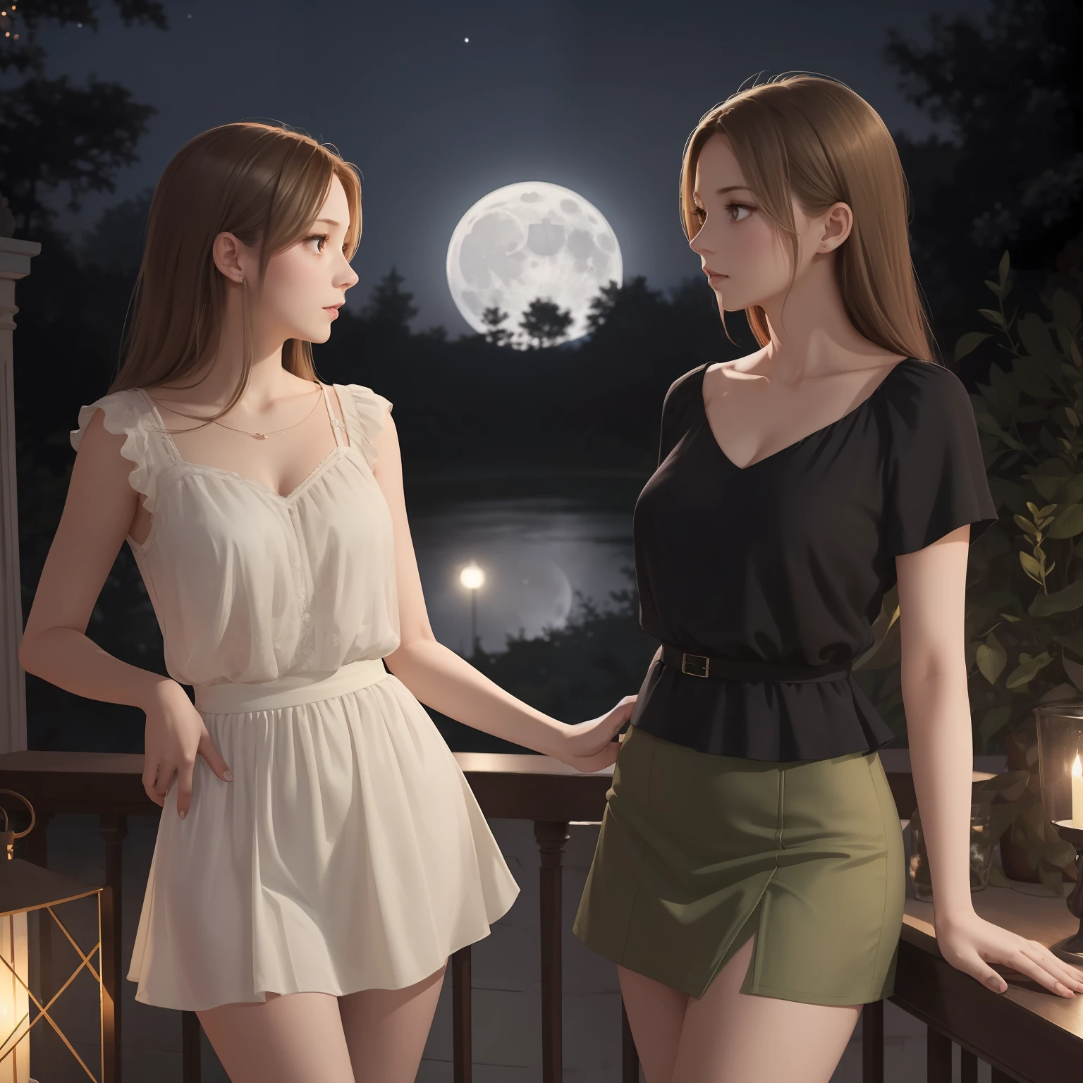 full figure sexy full figure  skinny mom 33 years old  woman whit 13 years old daughter at a  inside a palladian villa, wearing very short miniskirt, micro top, light brown hair and dark green eyes
. cinematic, moonlight, night,