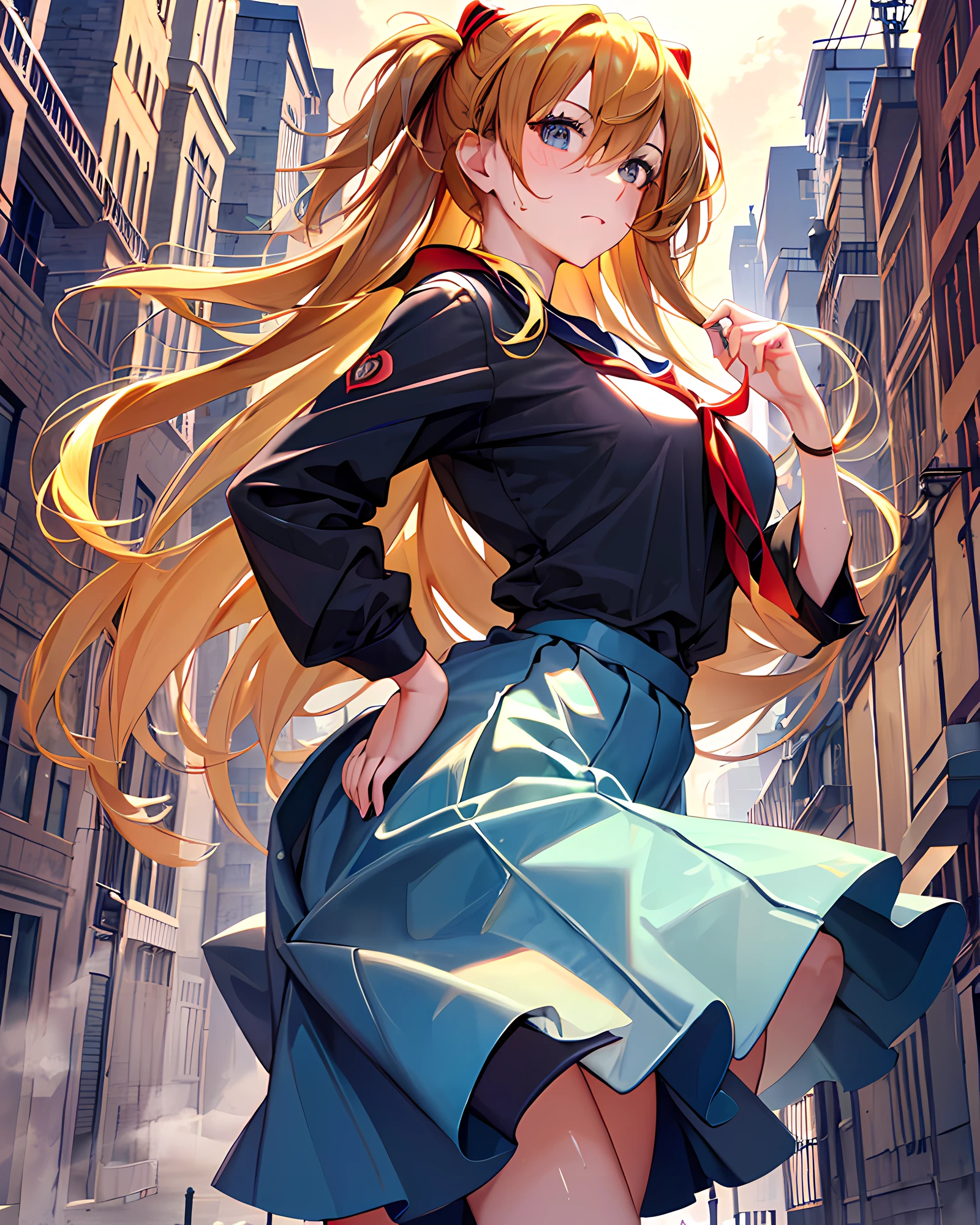 Asuka, Masterpiece, best quality, (absurdres)), ((highres)), (ultra-detailed:1.3), (look back:1.15), (thrust out one's hip:1.25), (1Asuka:1.3), character focus, BREAK,  (wearing a sailor shirt and a dark-grern knee-length pleats long-skirt:1.3, black knee-high-over sox), BREAK, brown long hair, two-side-up hair, yellow hair ribbon, disproportionate-breasted:1.27, (cowboy shot:1.25), clean face, full-face blush, sweat, fog, steam, early morning street background, hands on breasts, detailed eyes, detailed arms, detailed hands, detailed figures, detailed body, sharp focus, centered image.