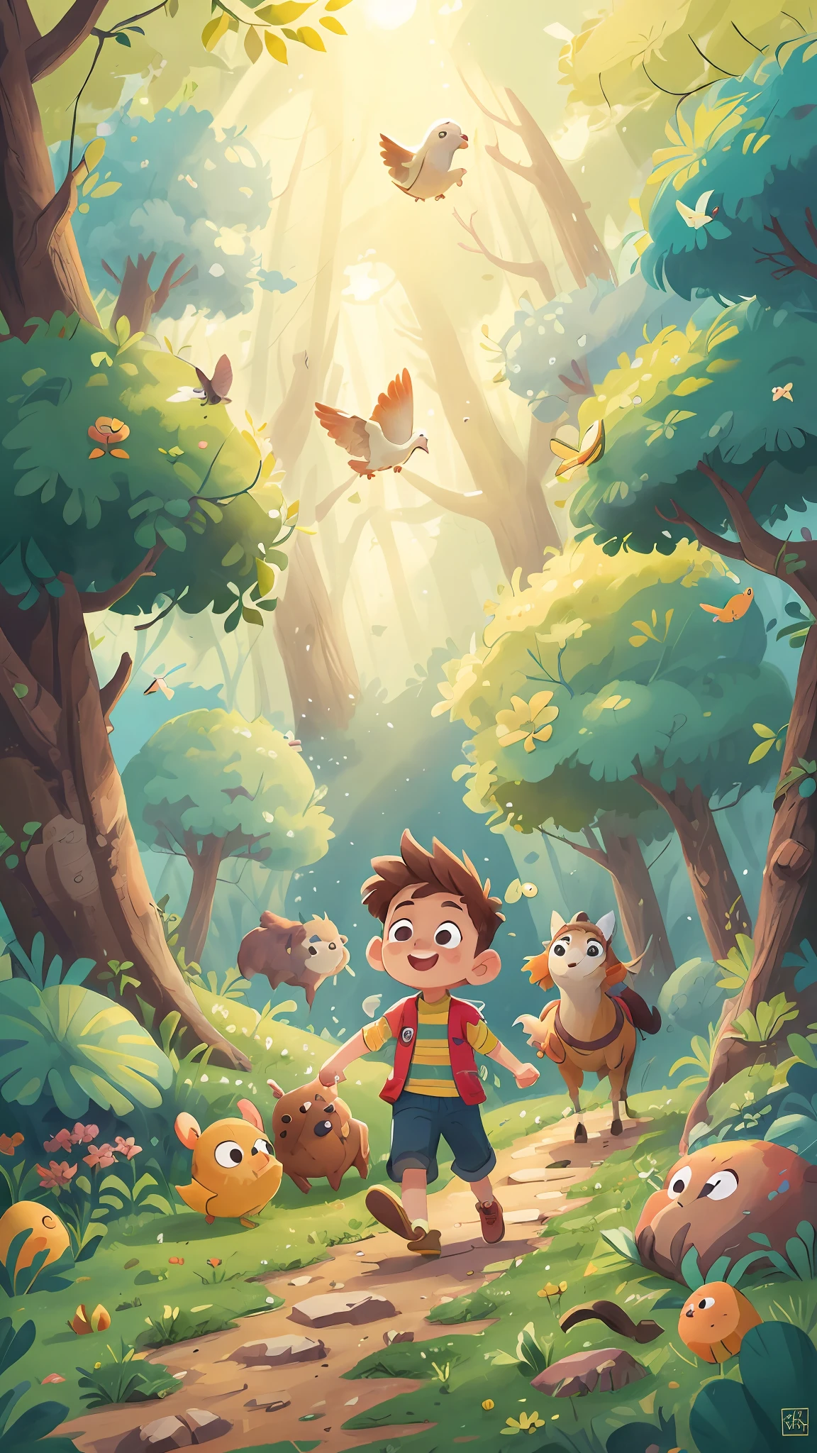 Open forest, (masterpiece art drawing, 1 adventurous boy, happy excitement, fearless meeting a cheerful enchanted horse ( detailed enhanced animation),  adventure clothing. ( detailed masterpiece), forst, birds (realisitic), lighting sun, clouds, open field.
