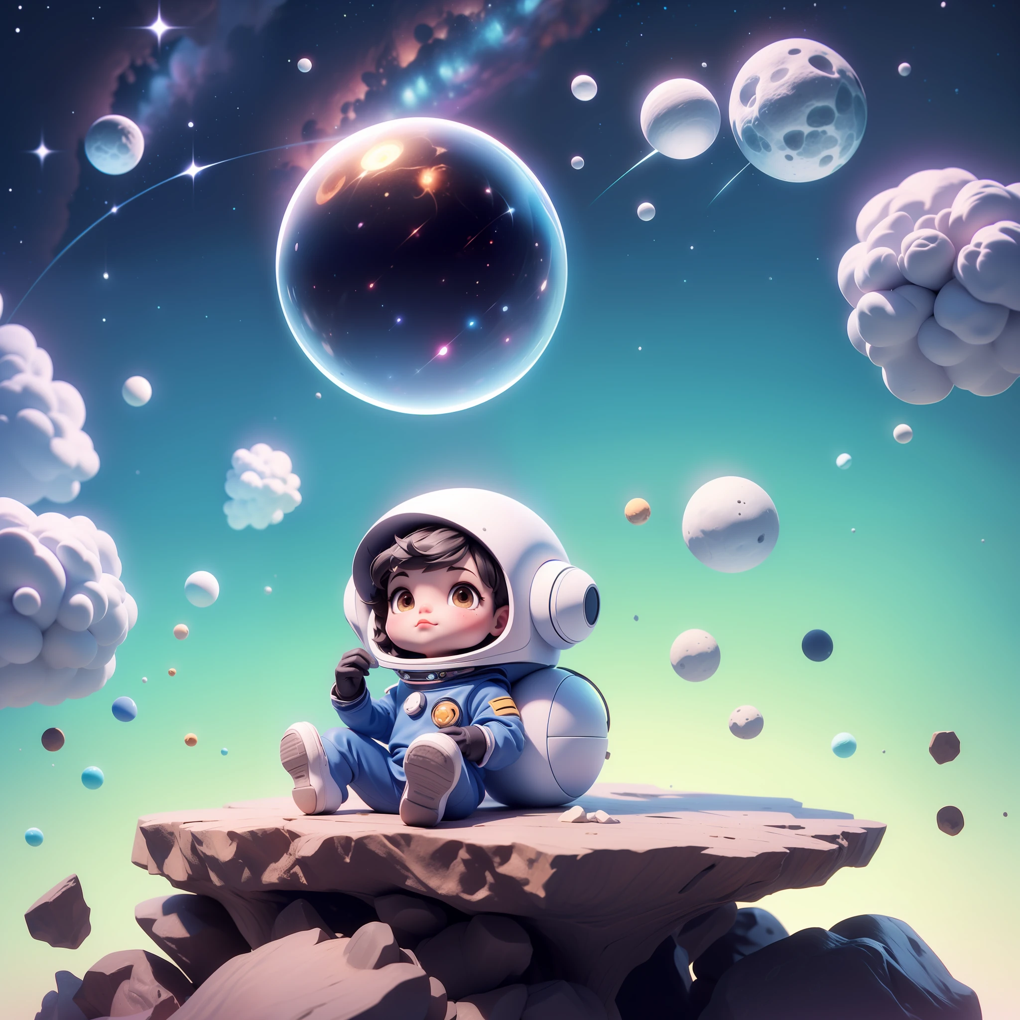 3dcharacter, roupa de astronauta, (corpo inteiro: 1.2), fundo simples, obra-prima, melhor qualidade, (fundo gradiente: 1.1), 1man, Desenhe um menino de 6 anos programador, sitting on a research platform floating in the middle of an asteroid belt in different positions.