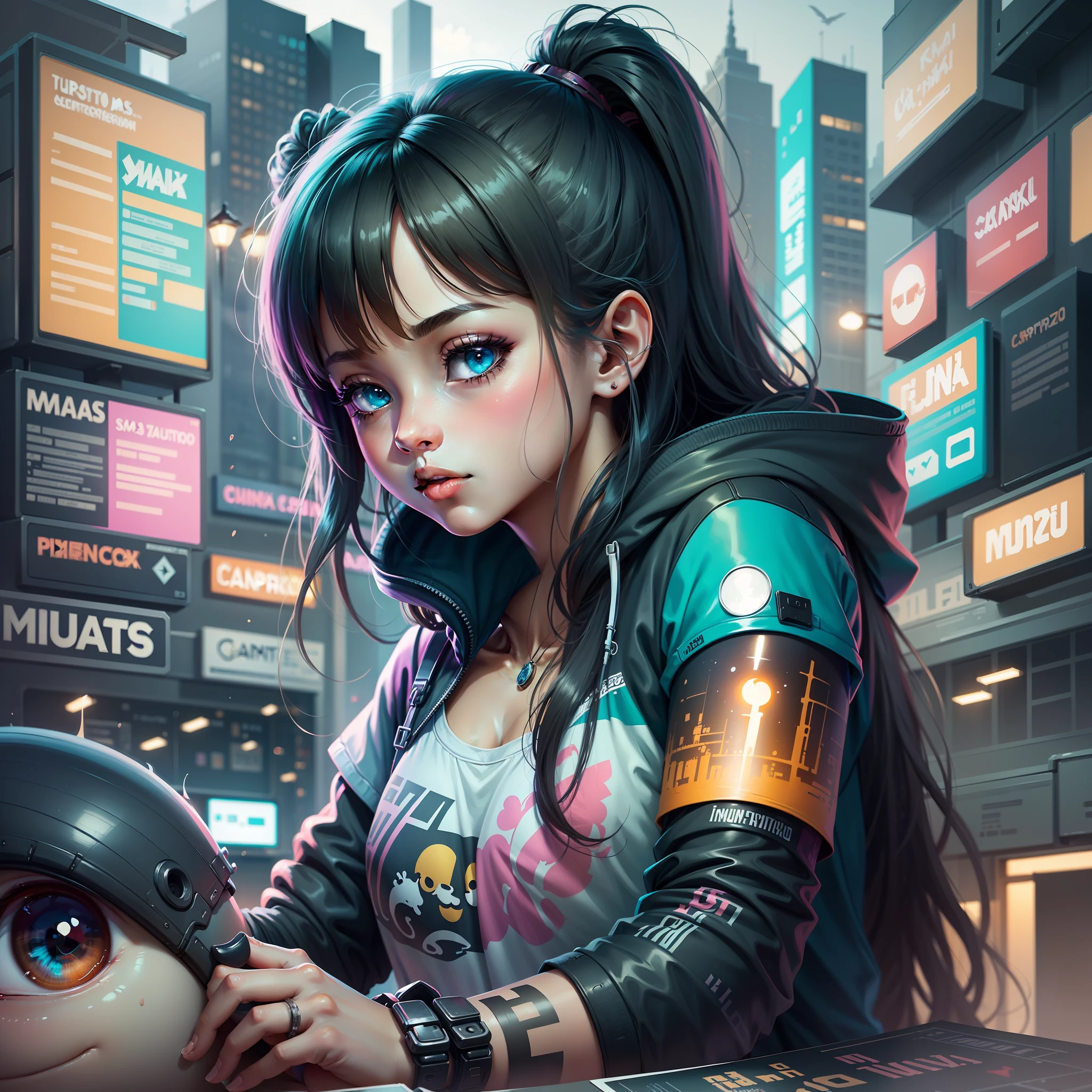 SAD GIRL ilustration, extremely bold outline, flash, Tribal, hacking culture cyberpunk background, whimsical and creativity, shades of gray and turquoise blue, acrylic illustration, Pixiv, 12k, very best quality, hyper detailled, +4 different characters, but the same style,