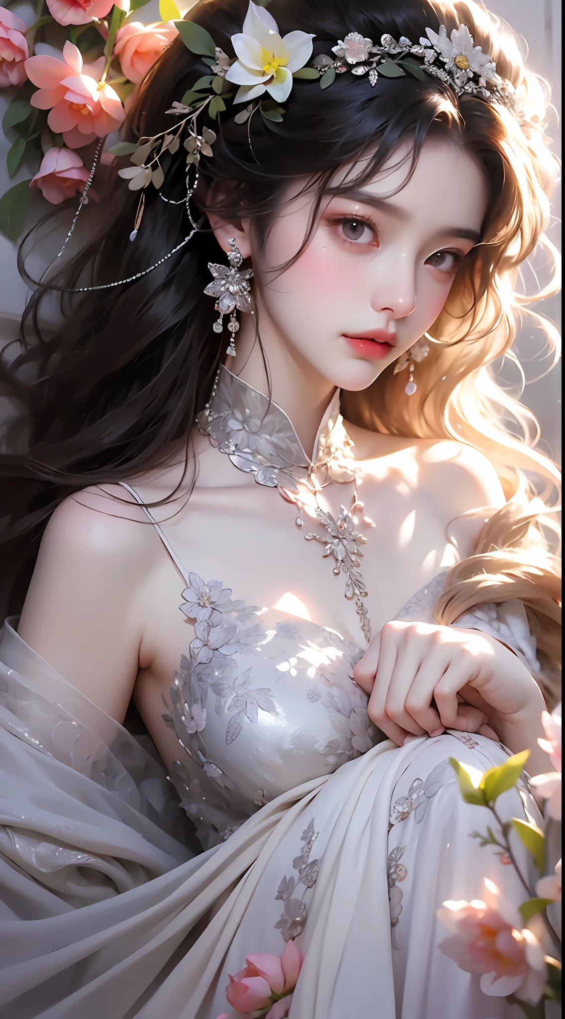 ver a través de、Ren Hao、mostrar hombros、Una mano apoyada en sus labios、Phalaenopsis blanca alrededor del cabello.，Lilac dendrobium、Orange lily、lirio blanco、1 chica en、foto de cuerpo completo、flaxen hair、pelo que fluye、belleza brumosa、con rasgos faciales extremadamente hermosos、Vestido halter lila bordado、Horquilla en la cabeza、Acostado en un arbusto、Manos arrastrando la barbilla、mano perfecta、rosas、(primavera、día lluvioso、mariposas、acantilado)、arte vectorial sencillo、arte chino contemporáneo、Luz tenue、bufandas entrelazadas、mirando abajo