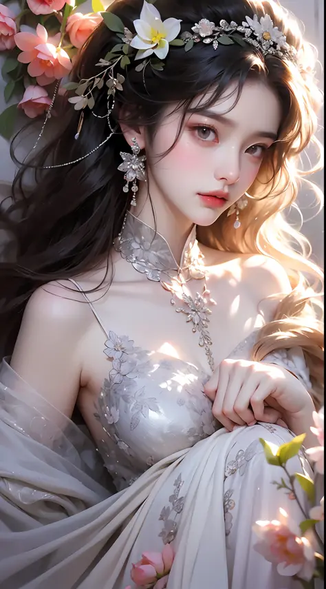 see -through、Ren Hao、Show shoulders、One hand resting on his lips、White phalaenopsis around the hair，Lilac dendrobium、Orange lily、White lily、1 girl in、fully body photo、flaxen hair、Flowing hair、Hazy beauty、with extremely beautiful facial features、Lilac halte...