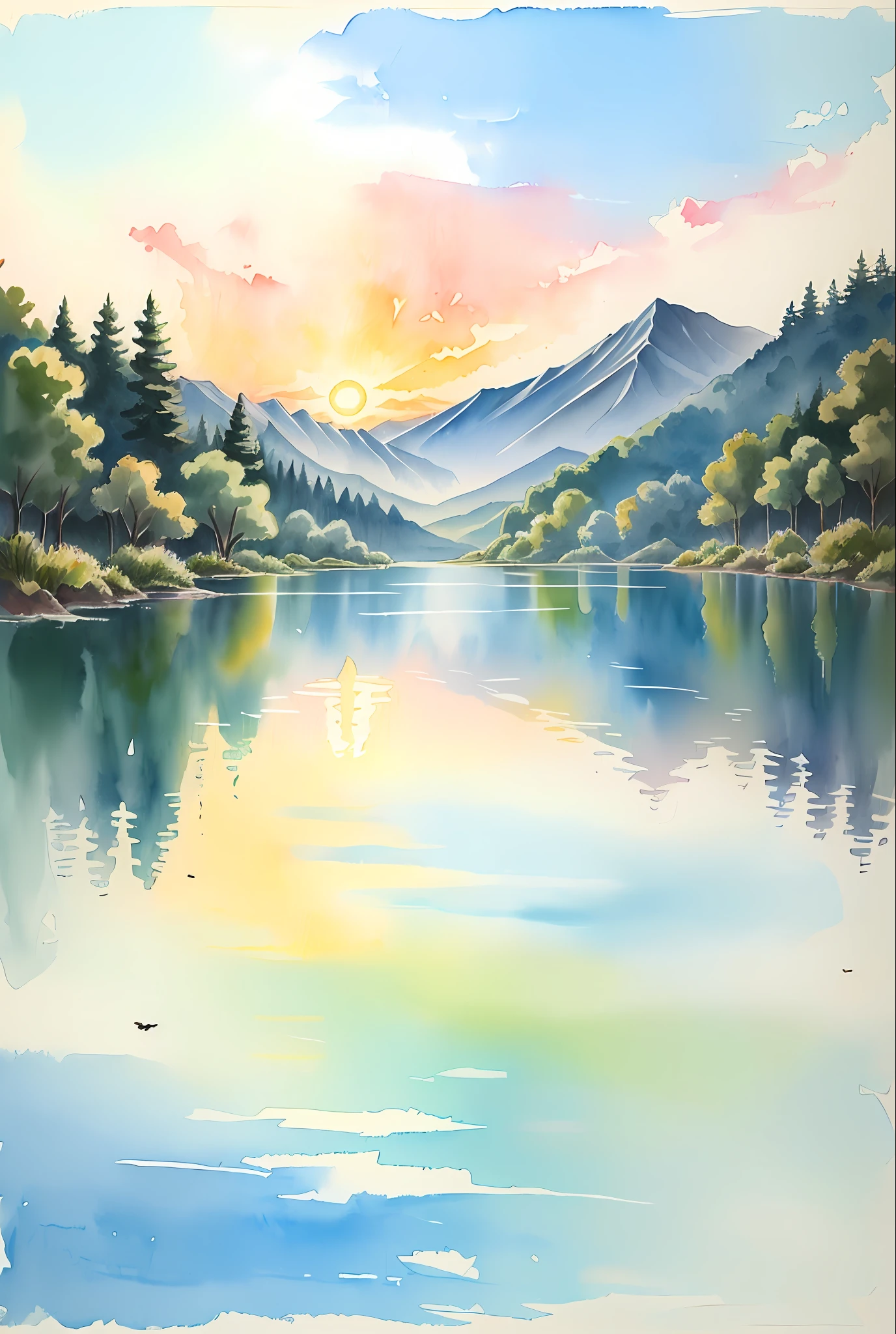 ( aquarelle \(Moitié\), dessin, Lac calme au lever du soleil