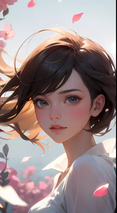 (best quality, masterpiece, ultra-realistic), 1 beautiful and delicate portrait of a girl, playful and cute, with floating petal...