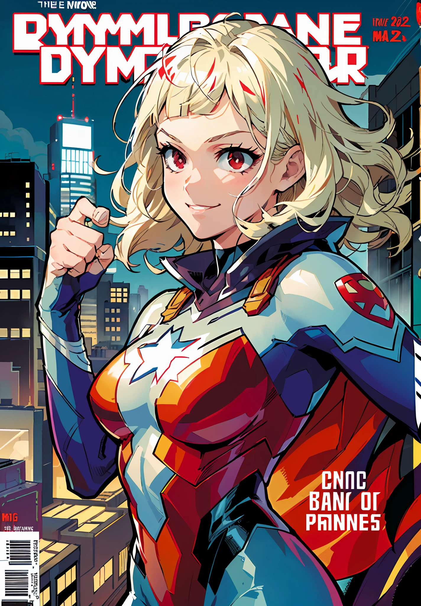 ((epic pose)), (fists), (canny smile), ((dynamicpose)), 1girl, ((Movie poster)), ((platinum blonde)), (Wavy Hair), (messy  hair), (((((short bangs))))), ((Short hair)), (((red eyes))), (blue costume), (superhero suit), night time, City, neon light, the wind, ((magazine cover)), ((comic cover)), ((manga cover)), big text, big title, many inscriptions, lettering