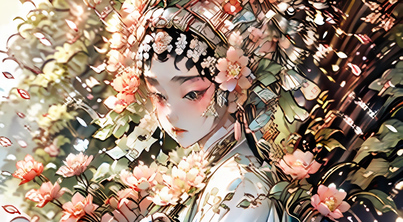 ((best qualtiy)), ((tmasterpiece)), (the detail),Botanical illustration，Peony Maiden，The girl wears a peony on her head，White peony，China-style，National tide，Dreamy，Close-up，petals，Glass petals，Metallic glass，Pink peony --auto