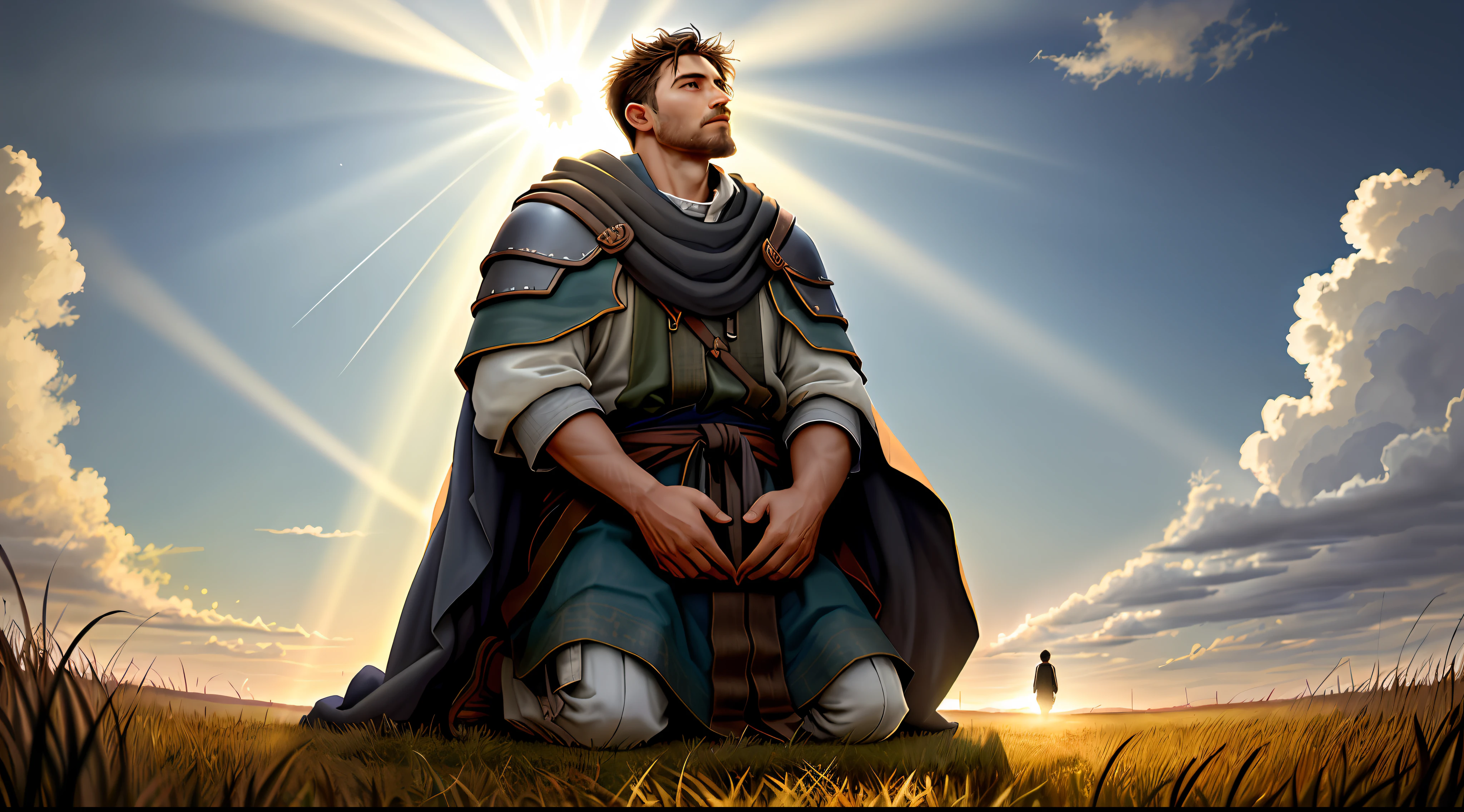 Jacob at least 40 years old kneeling in an open field, looking up at the sky, while rays of divine light descend on him, conveying the presence of God on his journey with clothes, features and scenes of biblical times, with detailed face