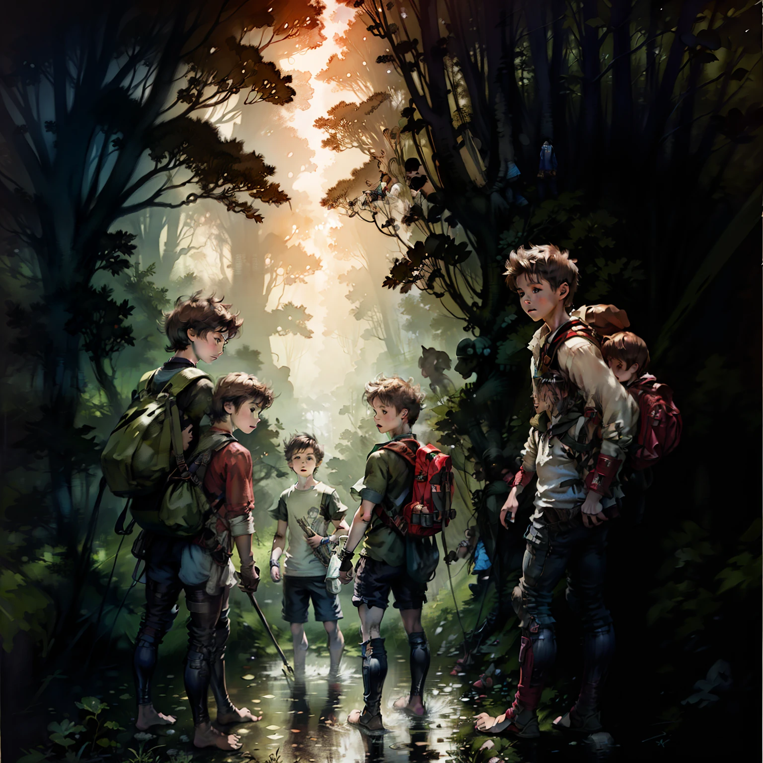 兩根黑髮, 11歲男孩陪伴三個孩子進入充滿溪流和障礙物的陌生森林, 三個孩子穿著舊衣服，赤著腳，兩個11歲的男孩背著背包, 非常詳細的圖像, 背面图像