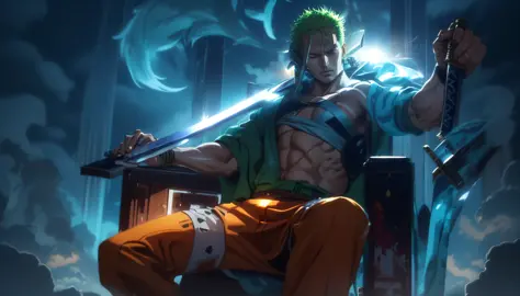 Roronoa Zoro (Masterpiece, 4k resolution, ultra-realistic, very detailed), (Theme of white samurai, charismatic, there is a swor...