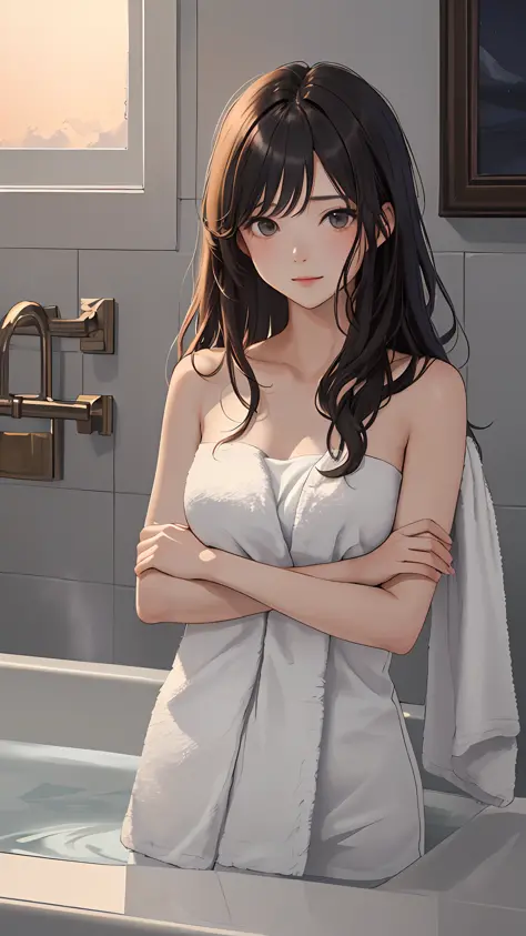 (巨作, Best Quality:1.4), 1girll, view the viewer, 
(Wavy hair:0.8), Long hair, 
(on fram), on bath, naked towel, Heavy fog, steam...