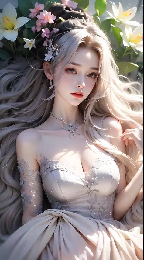 see -through、Ren Hao、Show shoulders、One hand resting on his lips、White phalaenopsis around the hair，Lilac dendrobium、Orange lily、White lily、1 girl in、fully body photo、White hair、Flowing hair、Hazy beauty、with extremely beautiful facial features、Black leathe...
