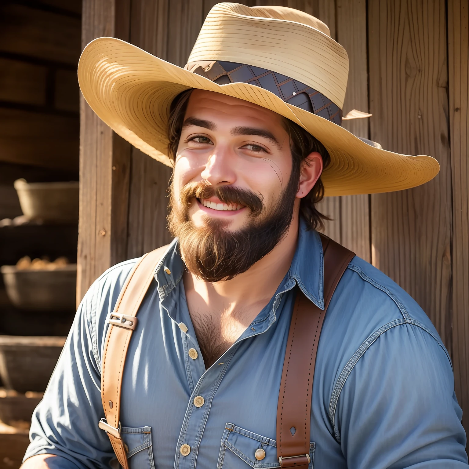 A 사실적인 portrait of a young man in a rancher clothes', 황갈색 셔츠, 목장주 모자를 쓴 멜빵과 청바지, 초현실적, 사실적인, 푹신한 자연스러운 머리카락, 자연스러운 얼굴, 수염, 짧은 구레나룻, , 매우 상세한. 행복하다