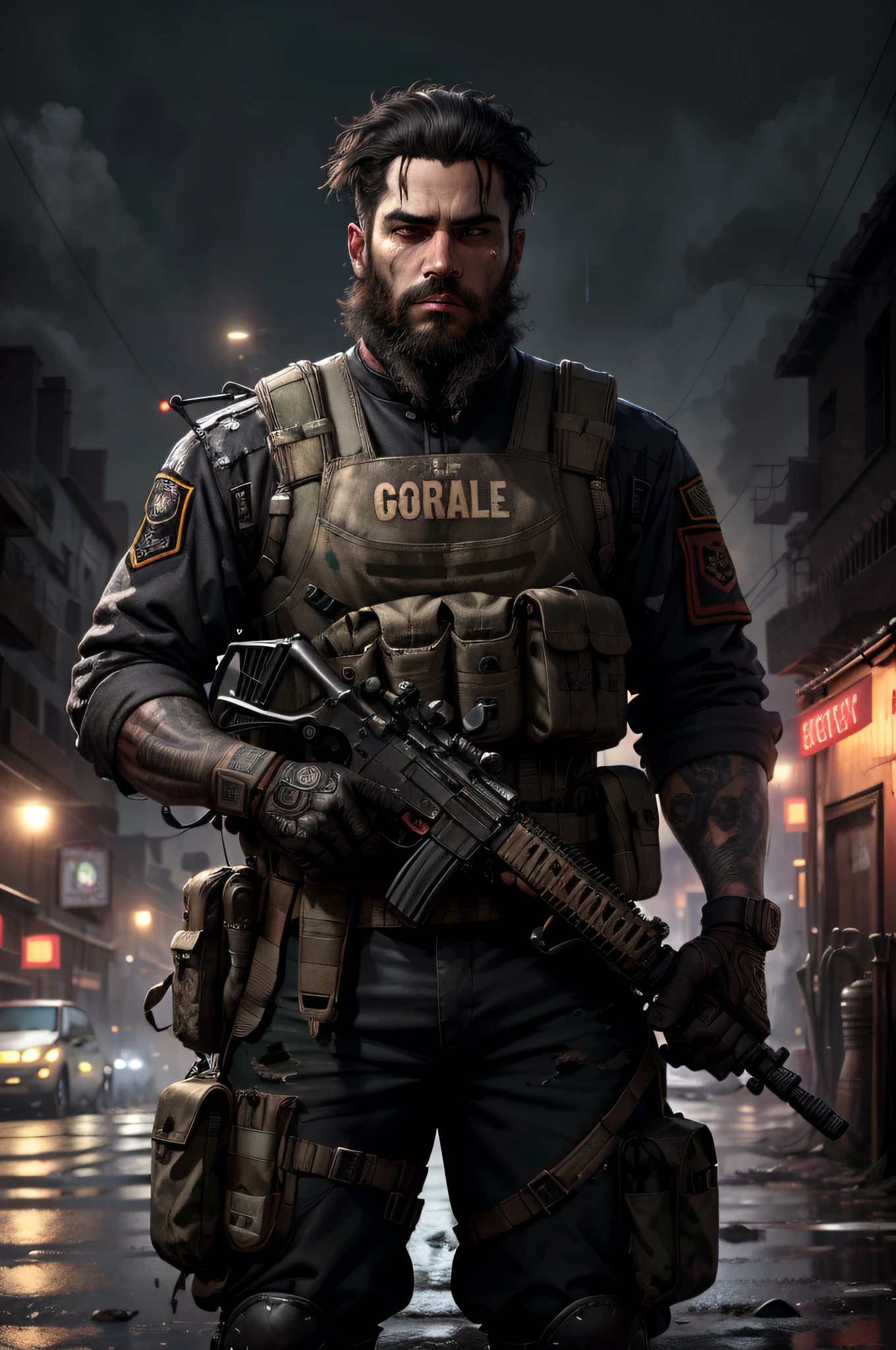 Black hair guerrilla with black worn uniform and assault vest, uses assault rifle, ruined background, realistic, elegant, HDR, intricate details, hyperdetailed, cinematic, rim light, danger atmosphere, noir, night, red light, dark street, rain, 4K