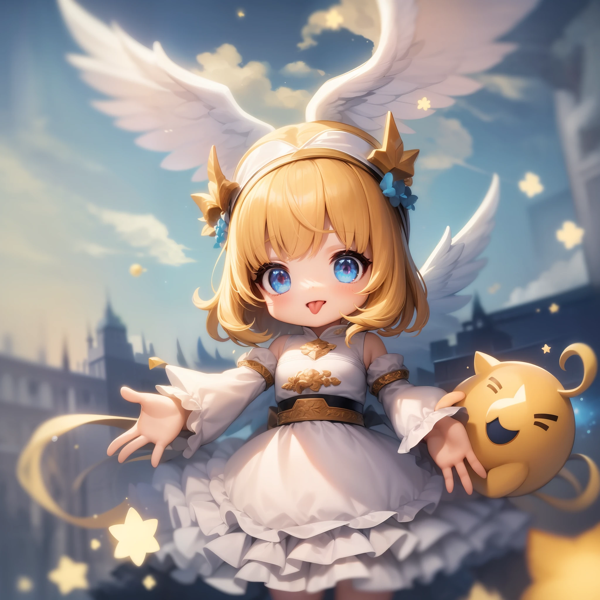 ((​masterpiece、highest  quality))、(Complex lighting)、独奏、full bodyesbian、1girl in、Aimei、a pixie cut、a blond、White dress、Angel wings、Circle of Angels、Chibi、tongue、