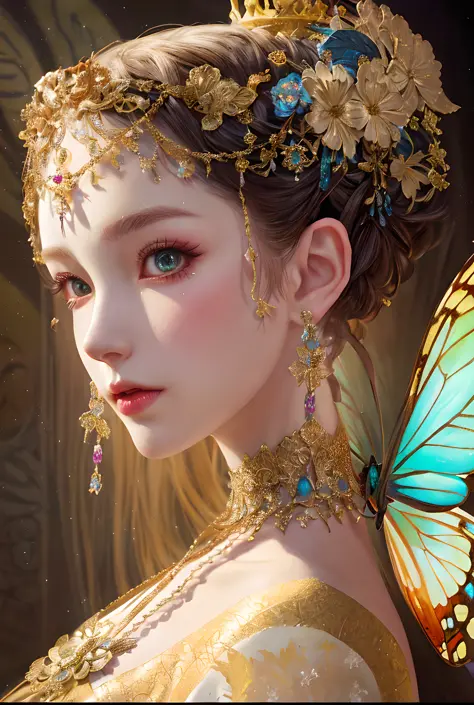 there is a woman with a butterfly and a butterfly in her hair, a beautiful fantasy empress, 8k high quality detailed art, beautiful and elegant elf queen, 4k highly detailed digital art, beautiful fantasy art portrait, portrait of fairy, detailed painting ...