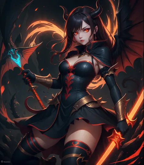 Orcus Magical Transformation Girl, black costume with deep red trim,  deep red horns, dark blue with dark red highlights Curtained hairstyle, glowing yellow eyes, red and orange sword, red claws, blue-black ax-like tail, red and orange arm wings, masterpie...