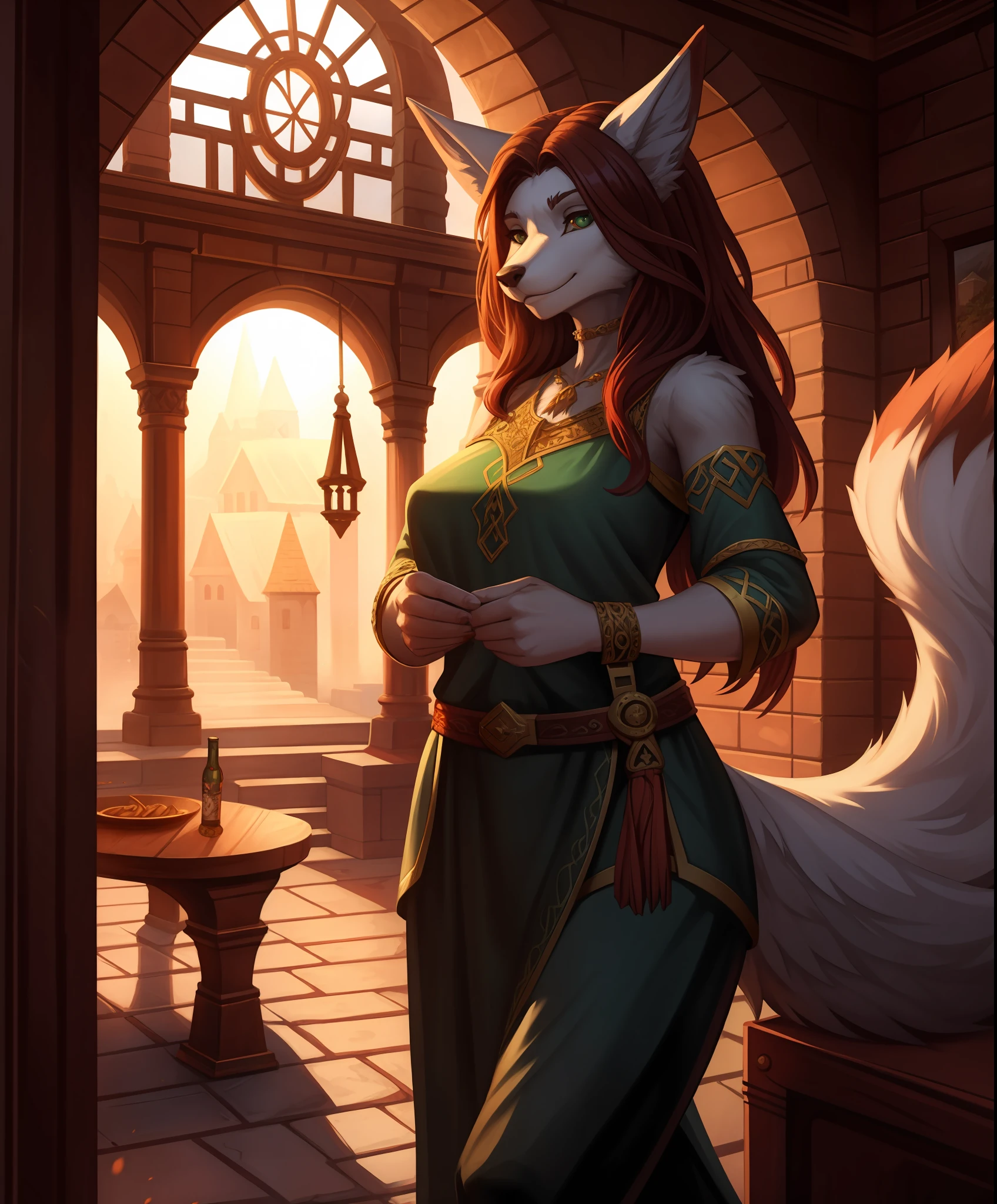 anthro kitsune woman, fluffy tail, black grey fur , Celtic tunic top,Celtic pants , old fantasy, Celtic, Druid town, style of (Tarakanovich:0.7) and Foxovh