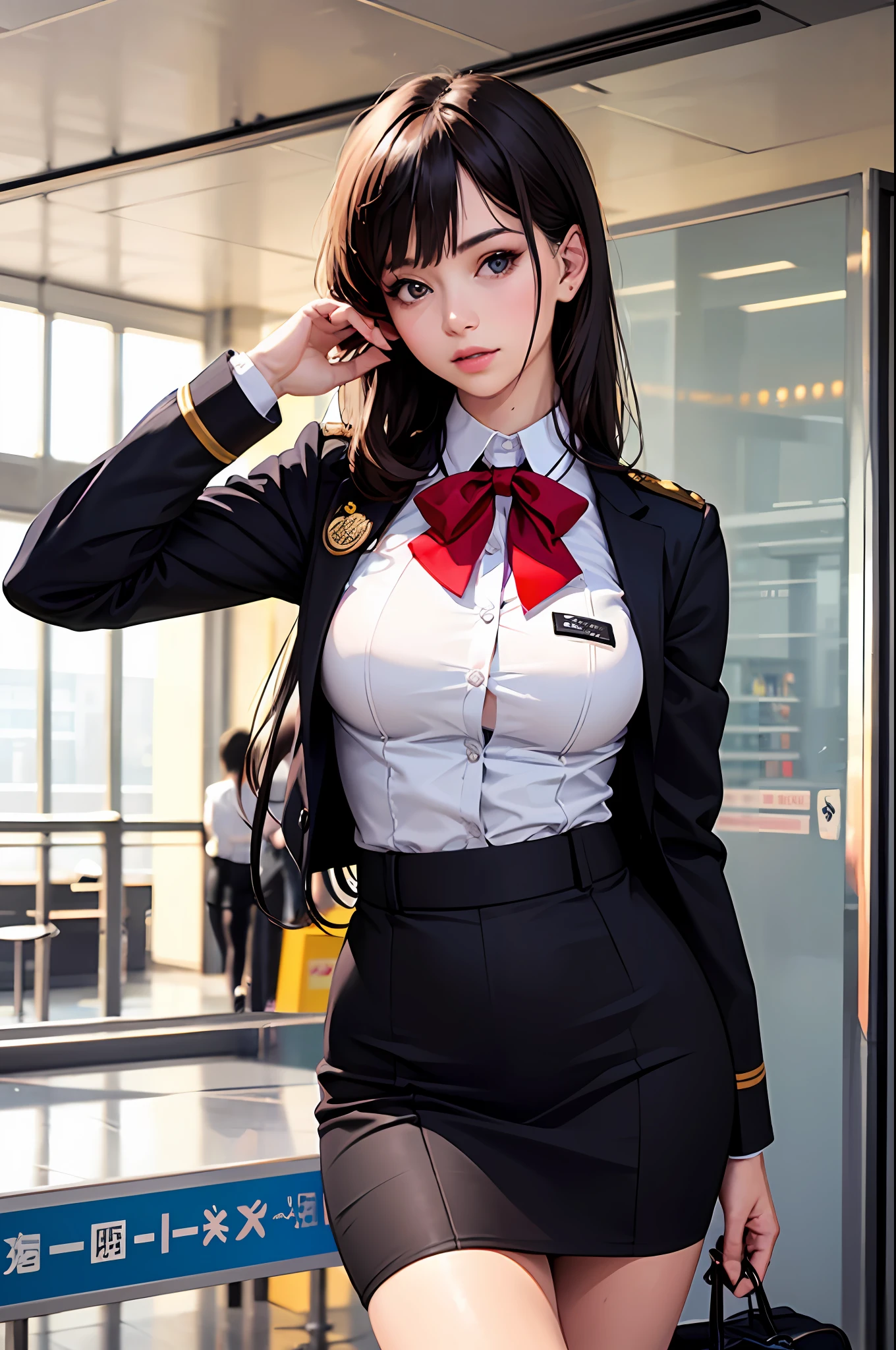 (8k, Best quality, tmasterpiece:1.2), (realisticlying, photo-realistic:1.2), (ultra highres), (Ultra detailded), 1fille, beau visage, corps parfaits,seins moyens, (stewardess uniform, Minijupe:1.2, Culotte), collants, Badges, jambes minces, 20ans, detailed skin, Regarder le spectateur, in the airport, marchant