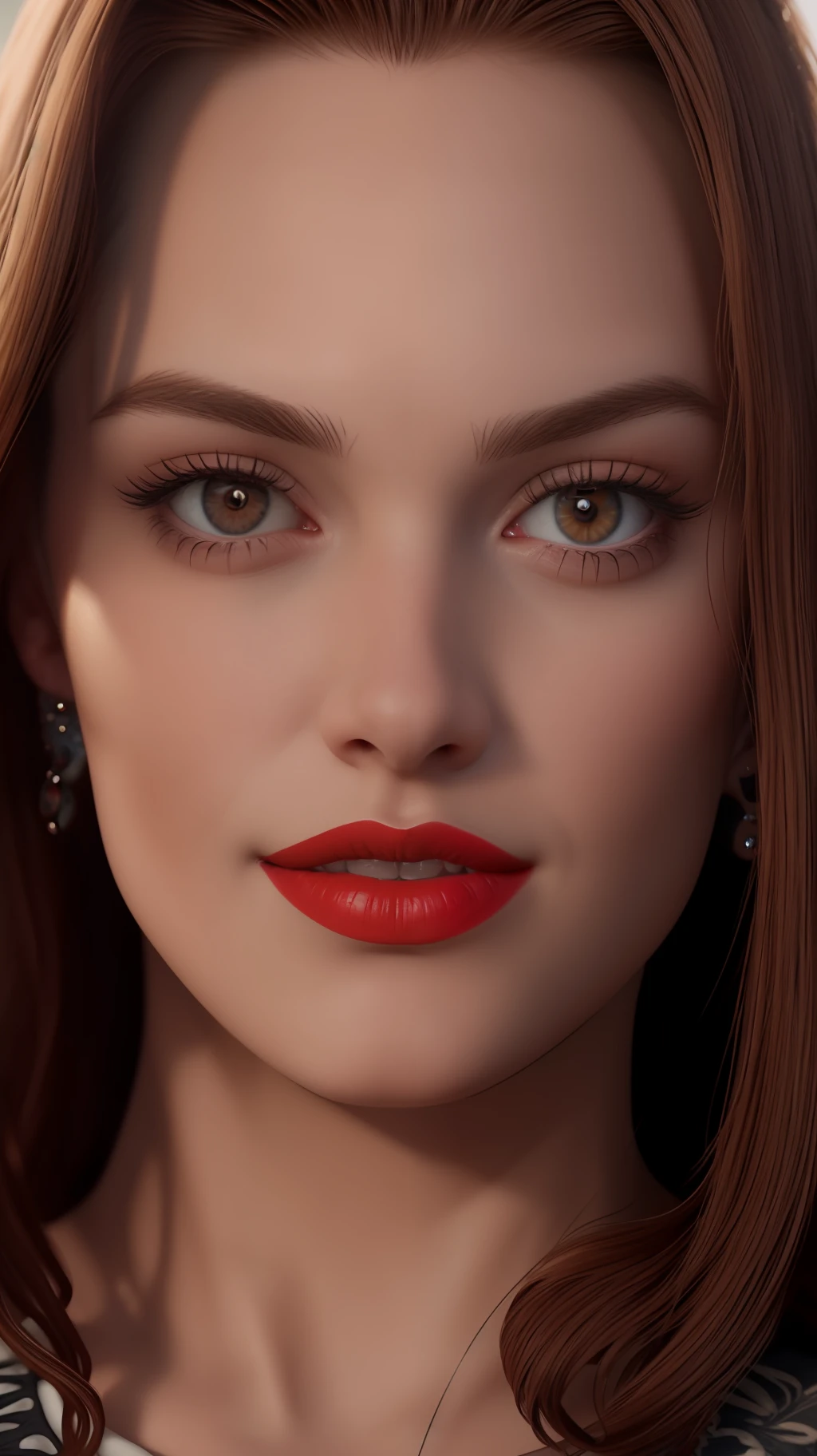 realistic light, beautiful redhead, princess, beautiful, super realistic, facing forward, blue eyes, pretty, perfect face, no wrinkles, bright face, makeup, red lipstick, smooth skin, portrait painting, rosy cheeks, top model, painting hyper-detailed, head-only portrait, detailed, composite portrait, looking at camera, blurred, 16k, 3d rendering, octane rendering, intricate detail, 8k post-production, high resolution, incredibly realistic and detailed expressions, 8k UHD, artwork raw material, ultra fine details,